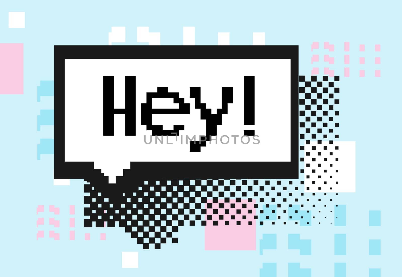 Empty white 8 bit single speech bubble and trendy pixel elements, shapes. Short phrase Hey. Black White Blue Pink colors