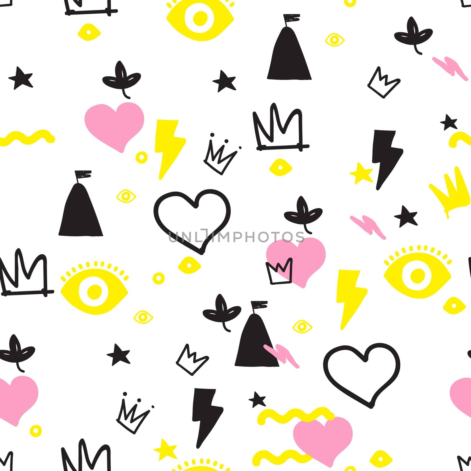 Universal trend hand drawing seamless pattern. Trendy doodles shapes juxtaposed with bright bold elements composition. Design for Magazine Leaflet Billboard Sale Advertisement Stickers Wall everywhere