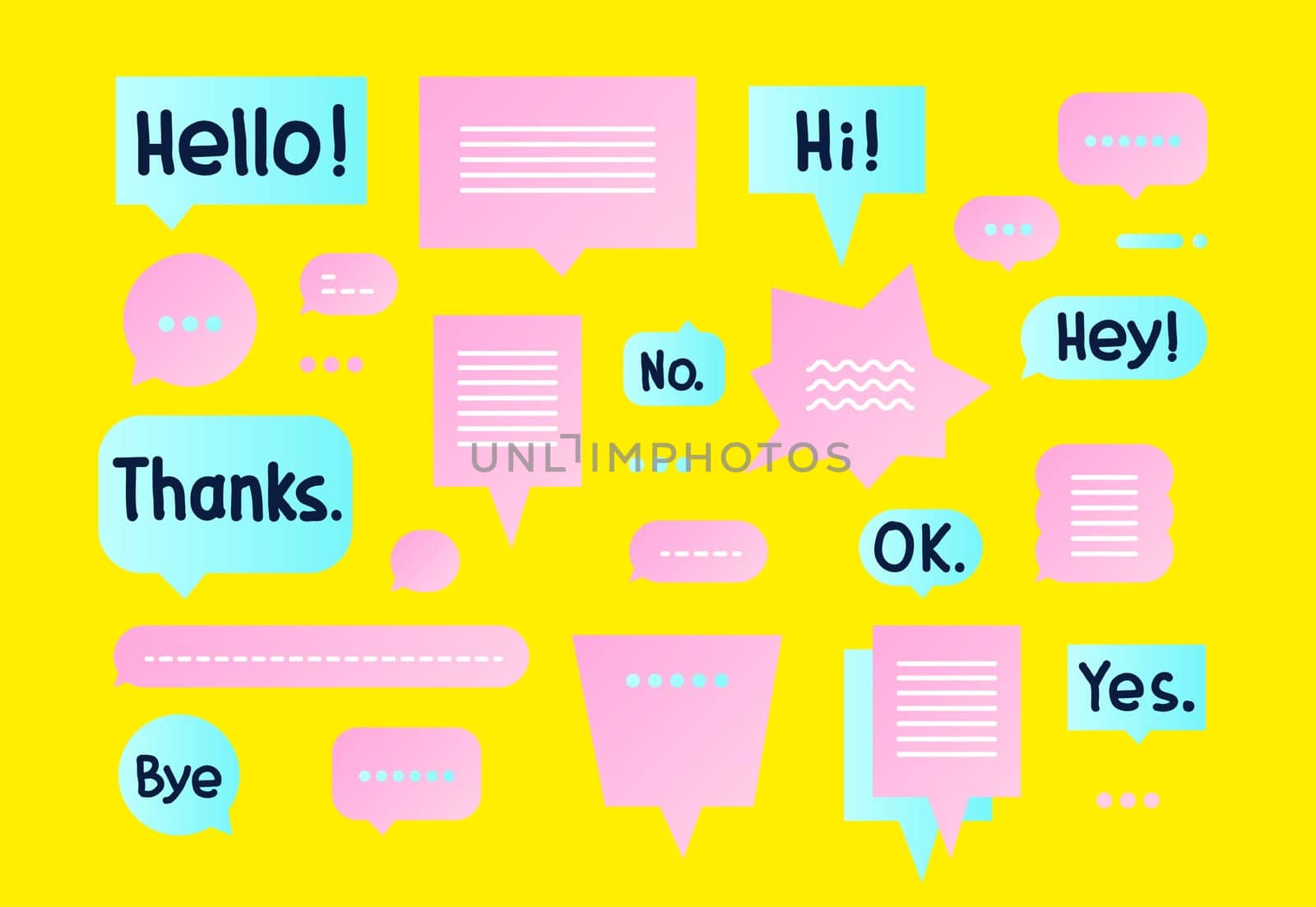 Vector colorful Simple flat speech bubbles shapes set and trendy hand drawn short phrases. Blue Pink Yellow colors