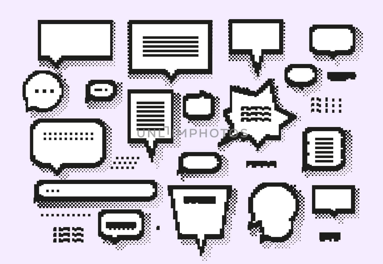 Empty white 8 bit speech bubbles set and trendy pixel elements with halftone shadows. Black White light violet colors