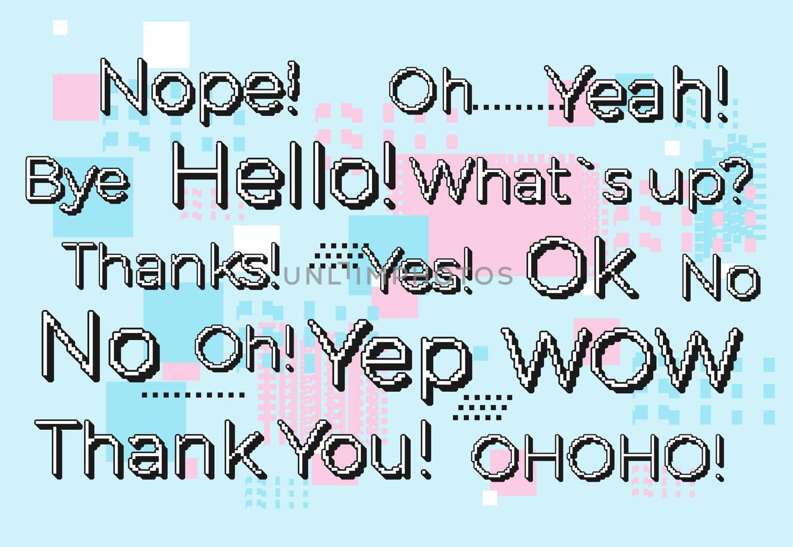 Vector short phrases in 8 bit pixel style. Colorful words and shapes set