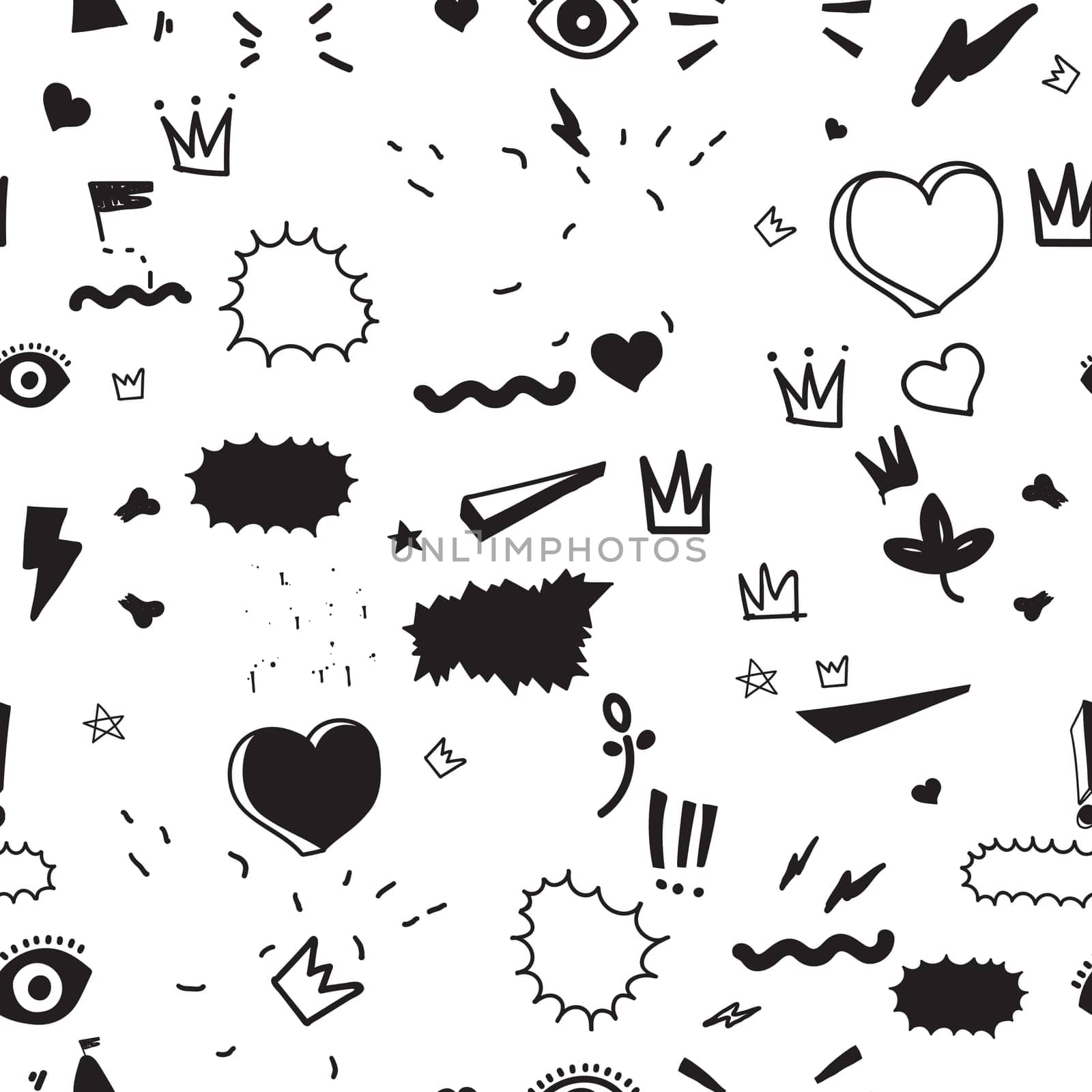Universal trend hand drawing seamless pattern. Trendy doodles shapes juxtaposed with bright bold elements composition. Design for Magazine Leaflet Billboard Sale Advertisement Stickers Wall everywhere