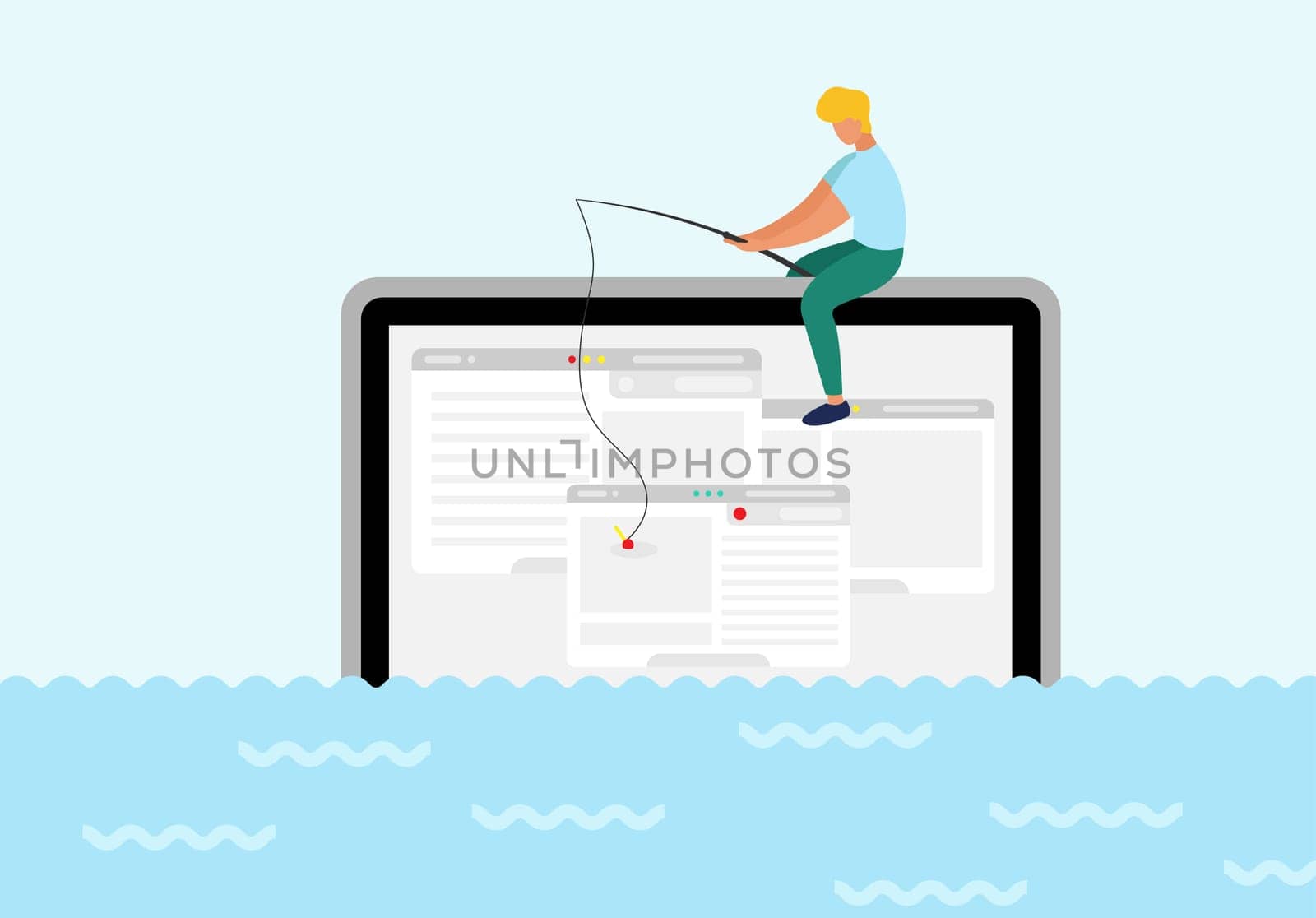 A man sit on computer trying to catch webpage on the hook. In ocean of ideas find your web design. Fresh form concept, pastel color. Startup, social media, advertising, marketing, UI UX process