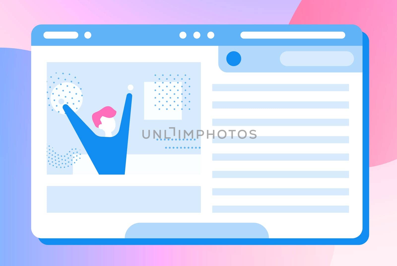 A happy man looks out of a computer window. Concept simple flat illustration of a web page. Digital article, Success, achievement, activity in social networks, victory, startup, advertising, marketing