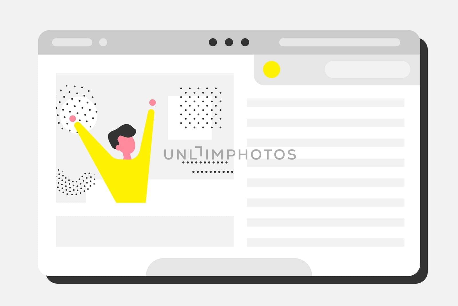 A happy man looks out of a computer window. Concept simple flat illustration of a web page. Digital article, Success, achievement, activity in social networks, victory, startup, advertising, marketing