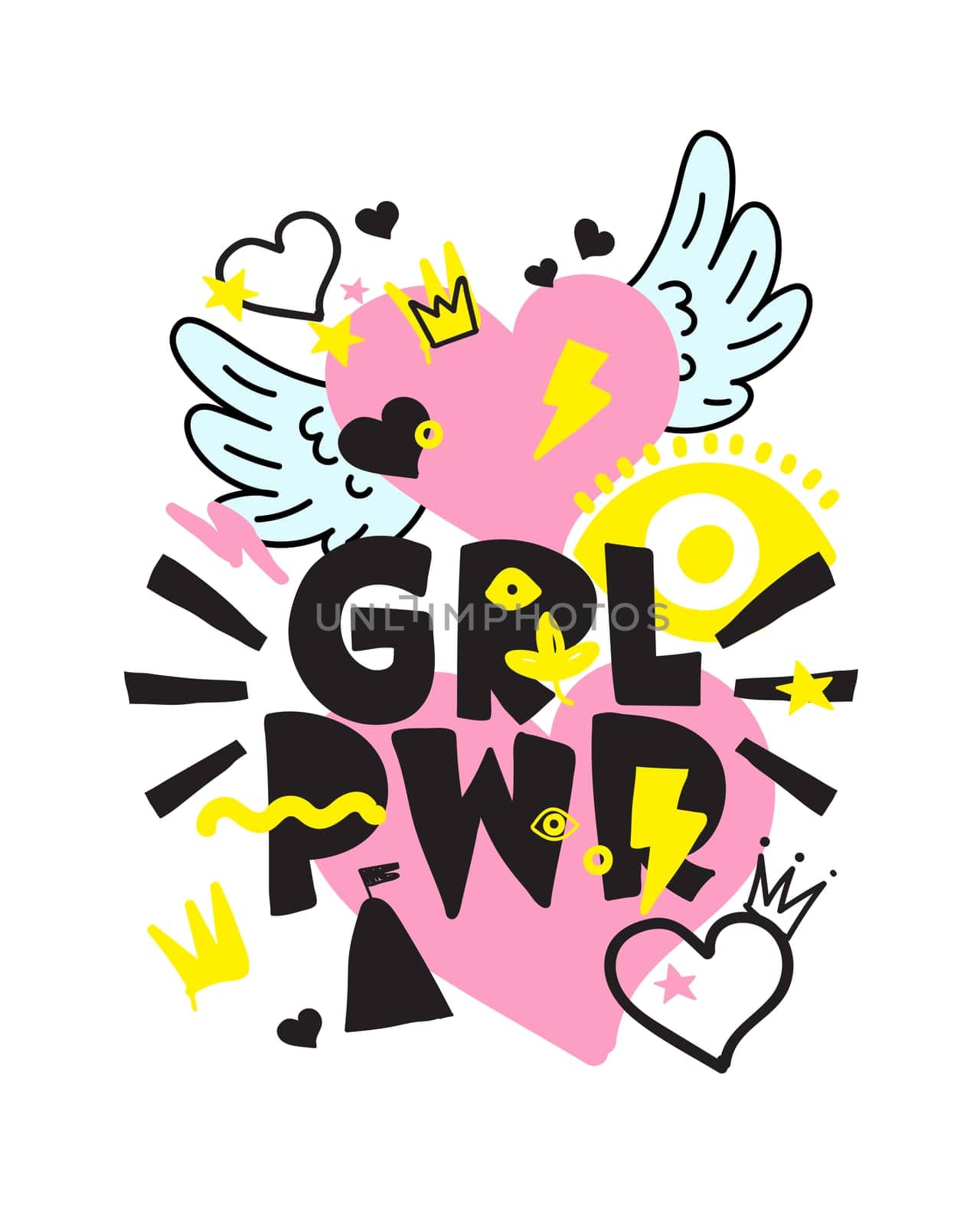 GRL PWR short quote. Girl Power cute hand drawing illustration for print, brochure, greeting card, bag, clothing. To stick on laptop, phone, wall. Modern motivational text, feminist tattoo trend