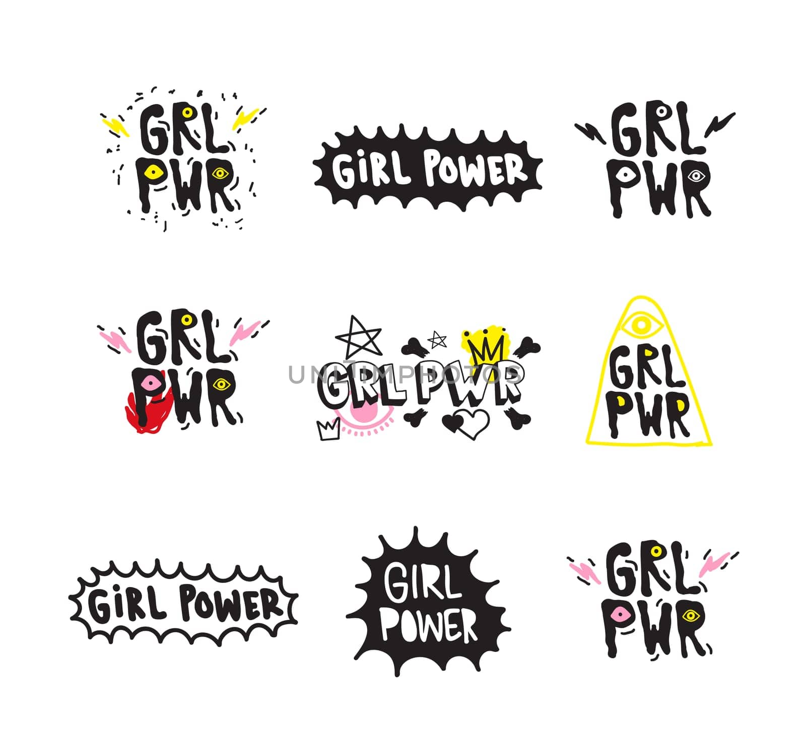 Typography slogan with Girl Power text. GRL PWR short quote set, simple cute illustration for Print Bag Sticker Clothing Laptop Phone Wall everywhere. Modern feminist slogan, tattoo trend