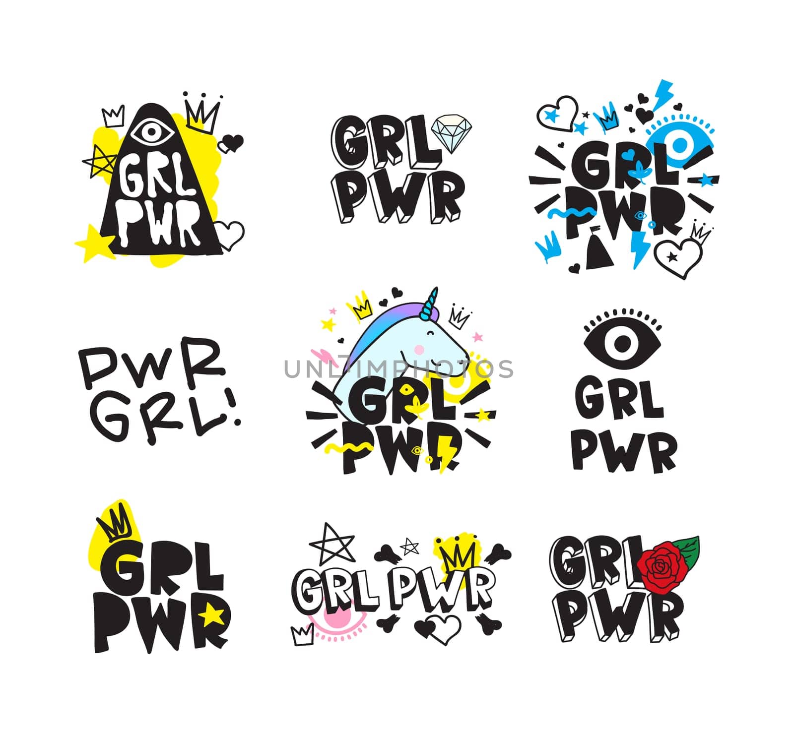 Typography colorful slogan Girl Power text, decoration. GRL PWR short quote, simple cute illustration for Print Bag Sticker Clothing Laptop Phone Wall everywhere. Modern feminist picture, tattoo trend