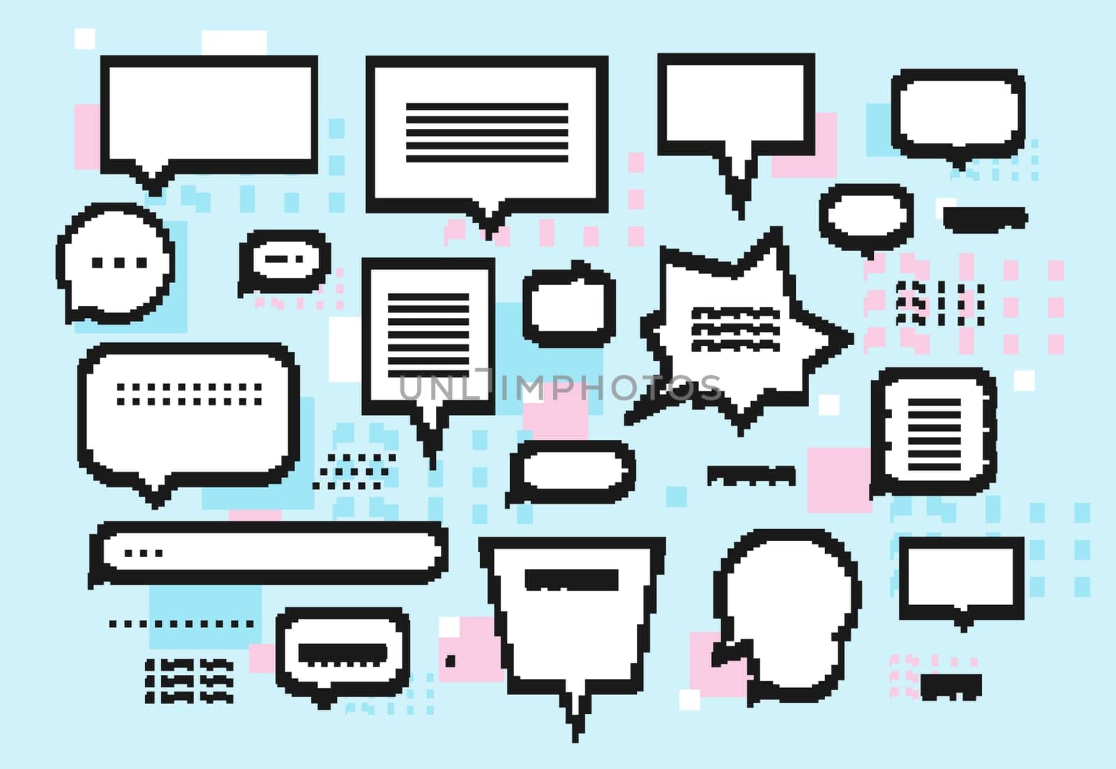 Empty white 8 bit speech bubbles set and trendy pixel elements. Black White Blue Pink colors