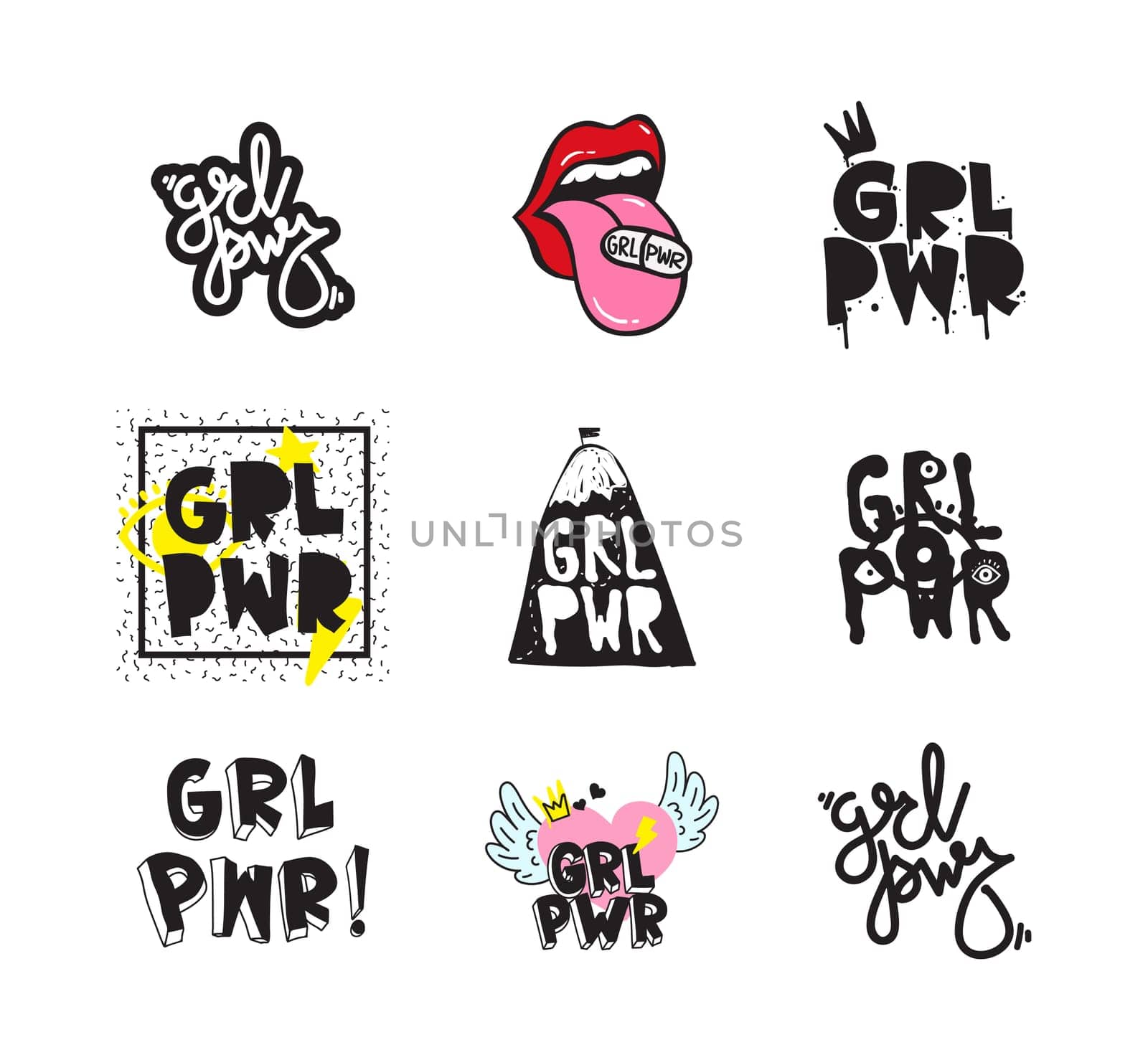 Typography slogan with Girl Power text. GRL PWR short quote set, simple cute illustration for Print Bag Sticker Clothing Laptop Phone Wall everywhere. Modern feminist slogan, tattoo trend