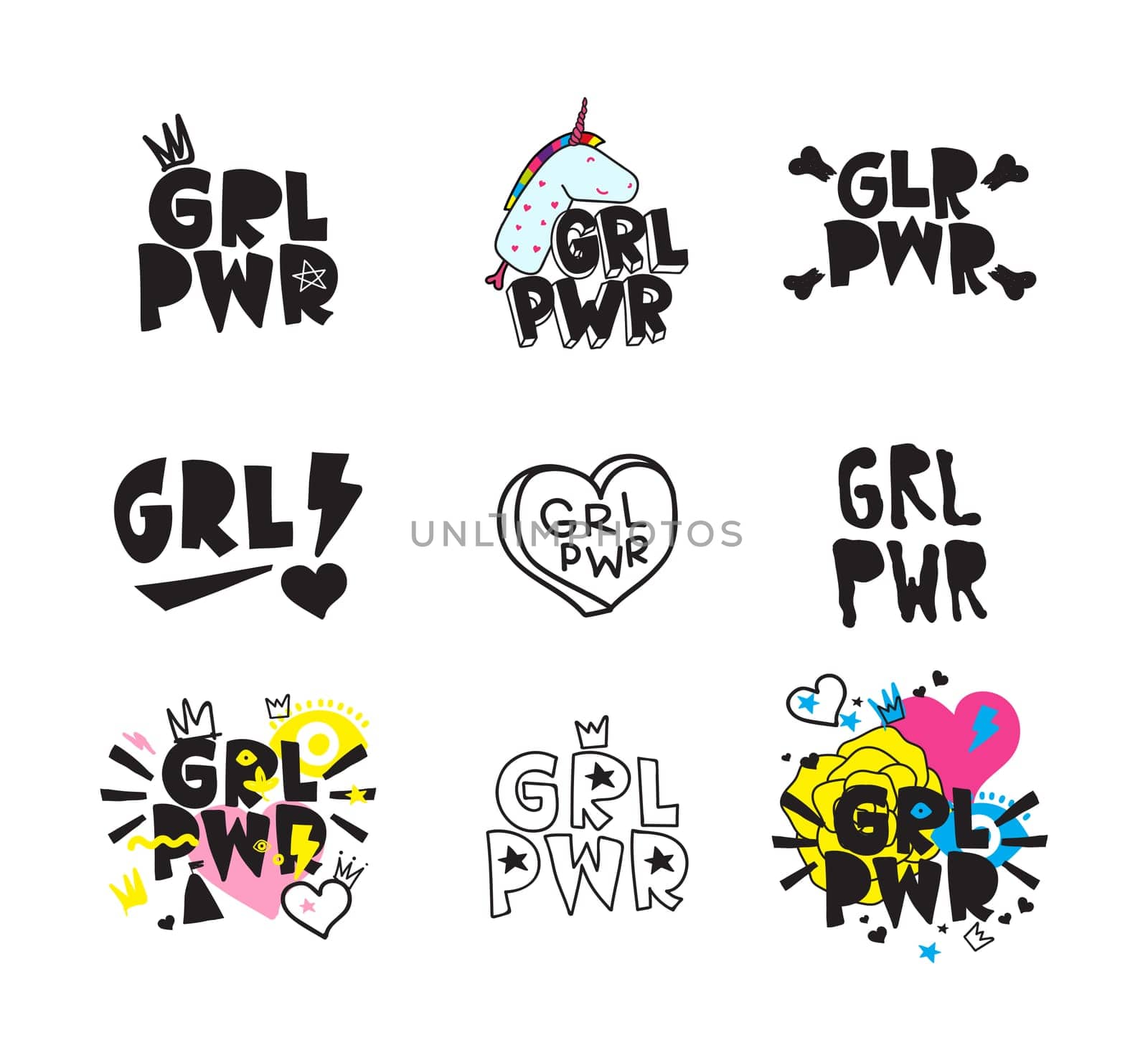 Typography colorful slogan Girl Power text, decoration. GRL PWR short quote, simple cute illustration for Print Bag Sticker Clothing Laptop Phone Wall everywhere. Modern feminist picture, tattoo trend