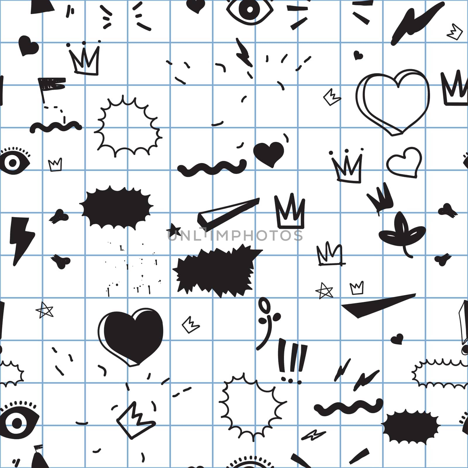 Universal trend hand drawing seamless pattern. Trendy doodles shapes juxtaposed with bright bold elements composition. Design for Magazine Leaflet Billboard Sale Advertisement Stickers Wall everywhere