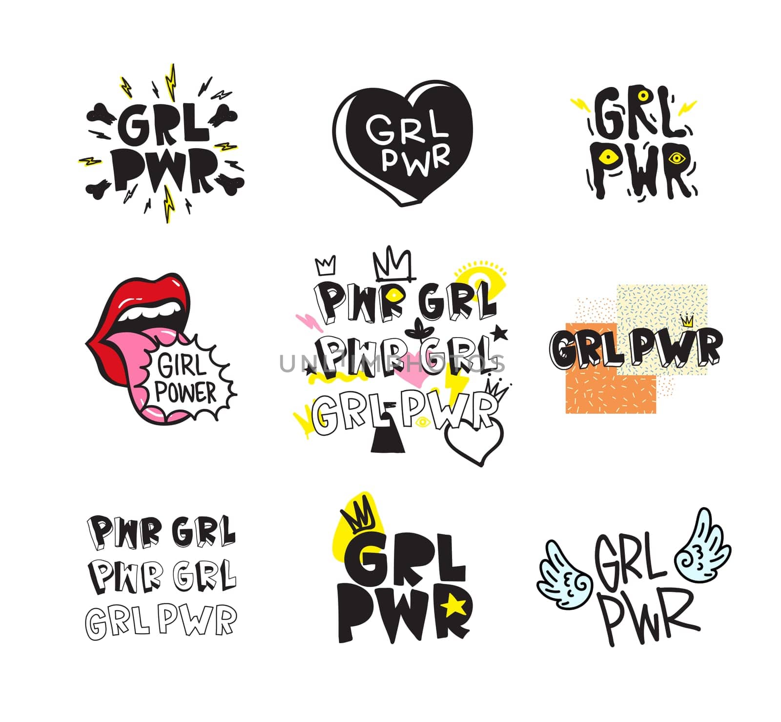 Typography slogan with Girl Power text. GRL PWR short quote set, simple cute illustration for Print Bag Sticker Clothing Laptop Phone Wall everywhere. Modern feminist slogan, tattoo trend