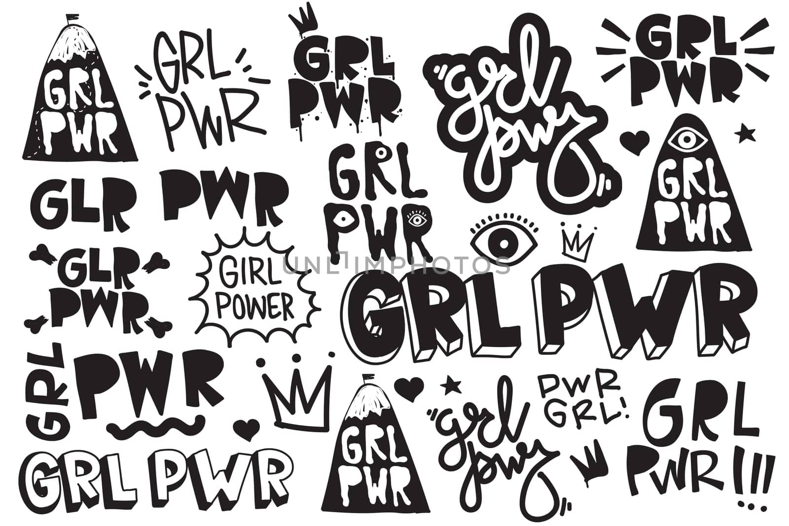 Typography slogan Girl Power text, decorative elements. GRL PWR short quote, simple cute illustration for Print Bag Sticker Clothing Laptop Phone Wall everywhere. Modern feminist picture, tattoo trend