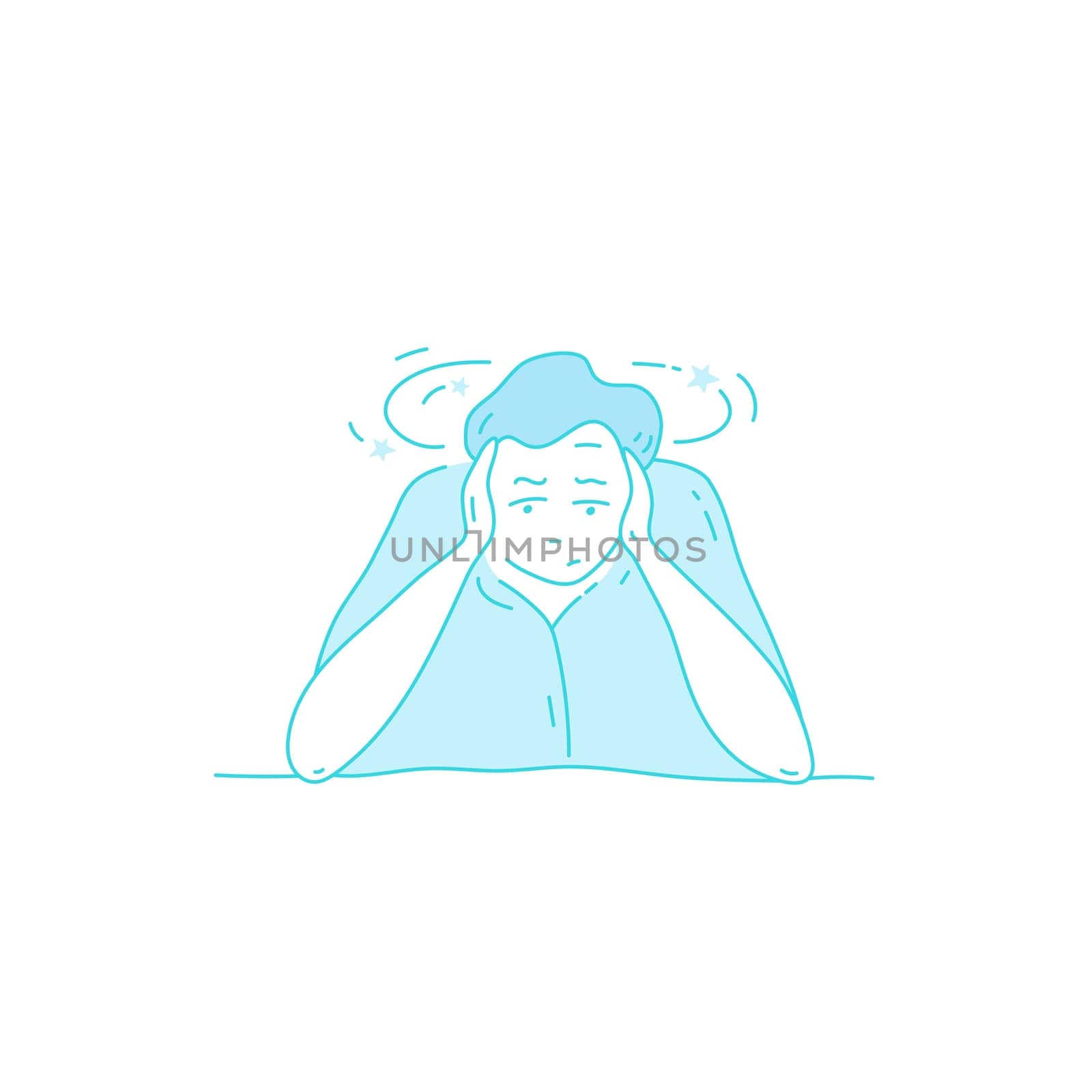 Sick stressed dizzy person touches her forehead and is dizzy. Vector hand drawn illustration. Man suffering from vertigo, dizziness, headache pain portrait