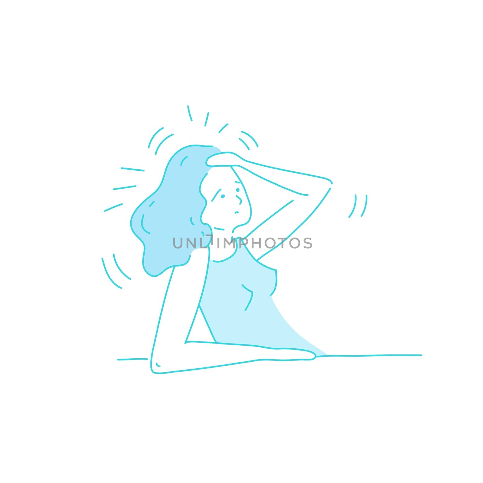 Sick stressed dizzy person touches her forehead and is dizzy. Vector hand drawn illustration. Man suffering from vertigo, dizziness, headache pain portrait