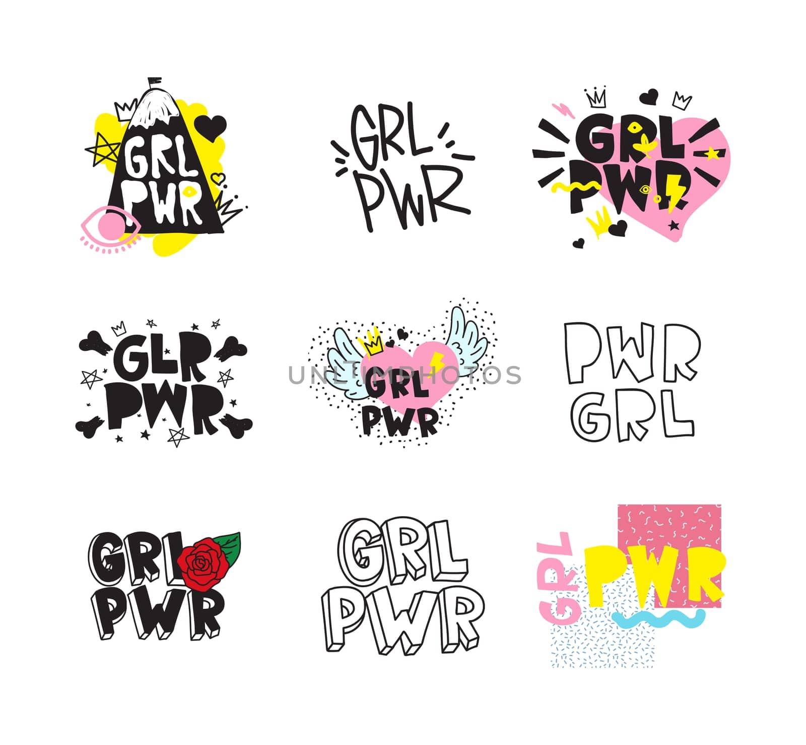 Typography colorful slogan Girl Power text, decoration. GRL PWR short quote, simple cute illustration for Print Bag Sticker Clothing Laptop Phone Wall everywhere. Modern feminist picture, tattoo trend