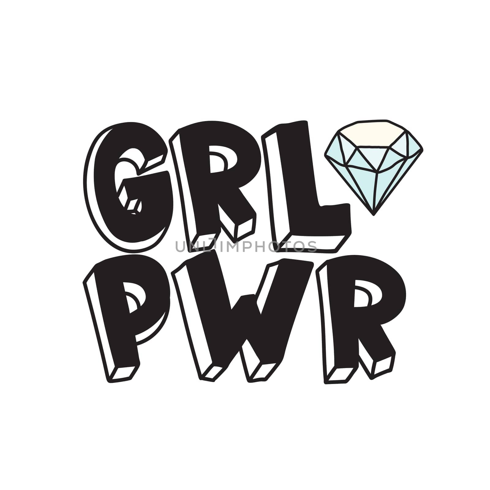 GRL PWR short quote. Girl Power cute hand drawing illustration for print, brochure, greeting card, bag, clothing. To stick on laptop, phone, wall. Modern motivational text, feminist tattoo trend