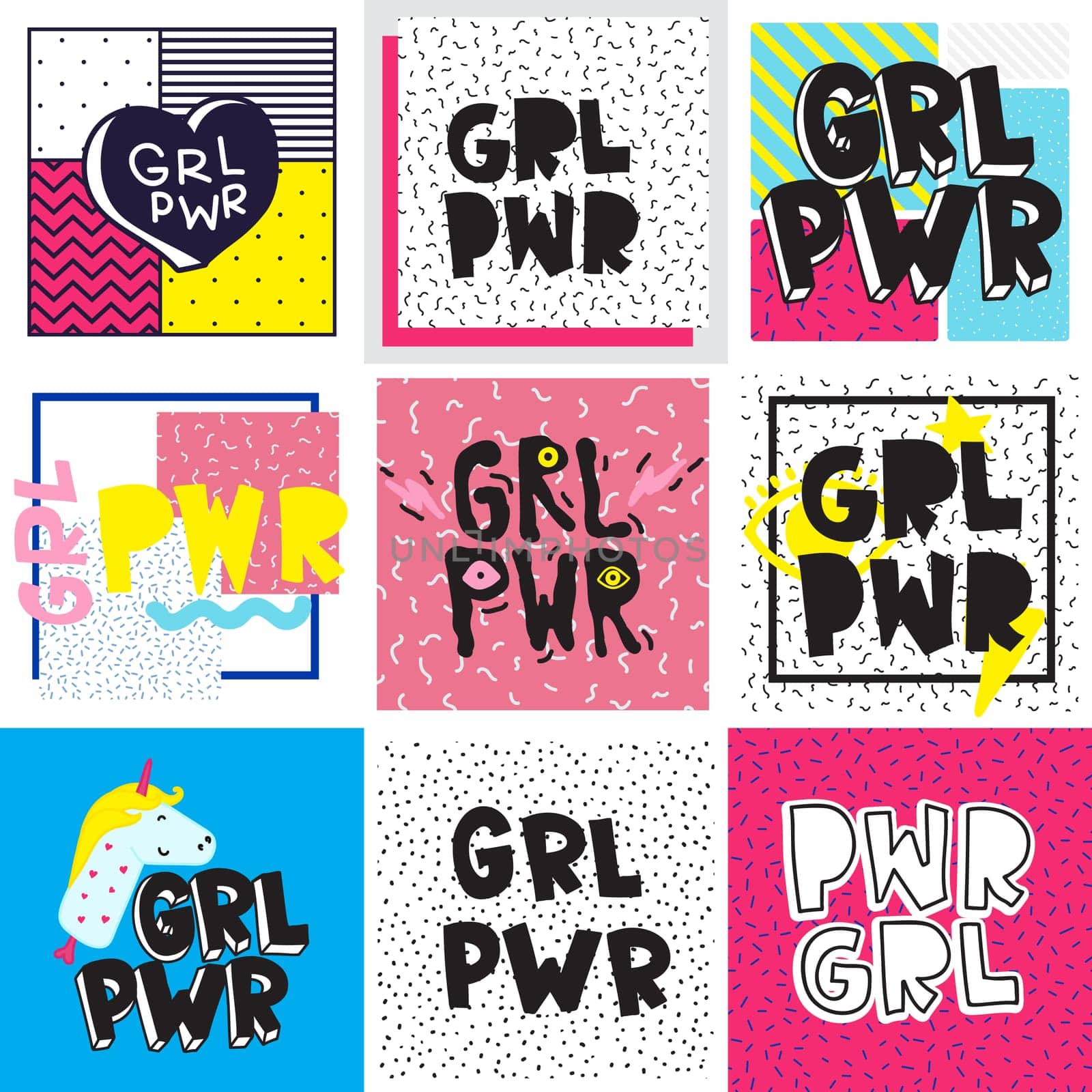 Typography colorful slogan Girl Power text, decoration. GRL PWR short quote, simple cute illustration for Print Bag Sticker Clothing Laptop Phone Wall everywhere. Modern feminist picture, tattoo trend