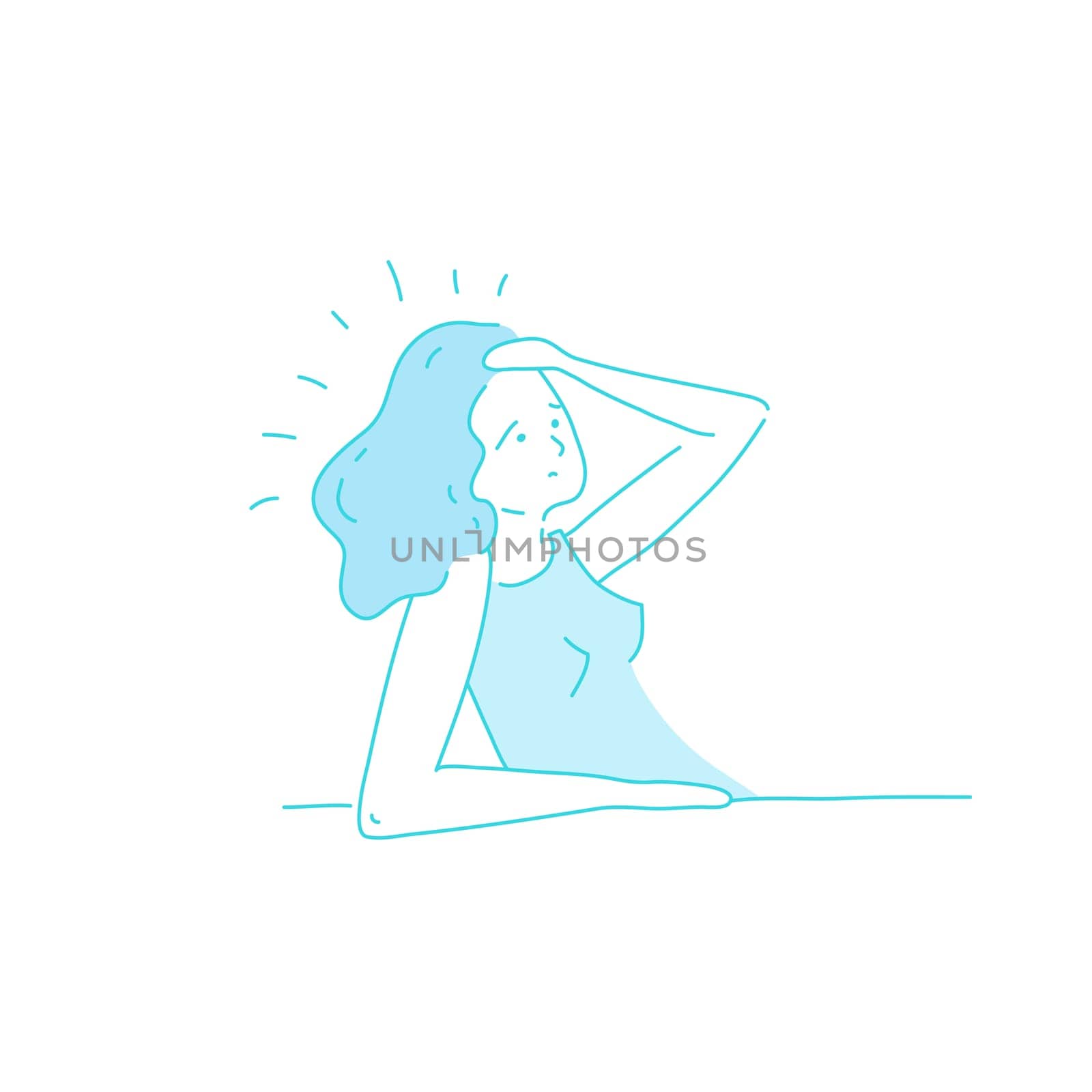 Sick stressed dizzy person touches her forehead and is dizzy. Vector hand drawn illustration. Man suffering from vertigo, dizziness, headache pain portrait