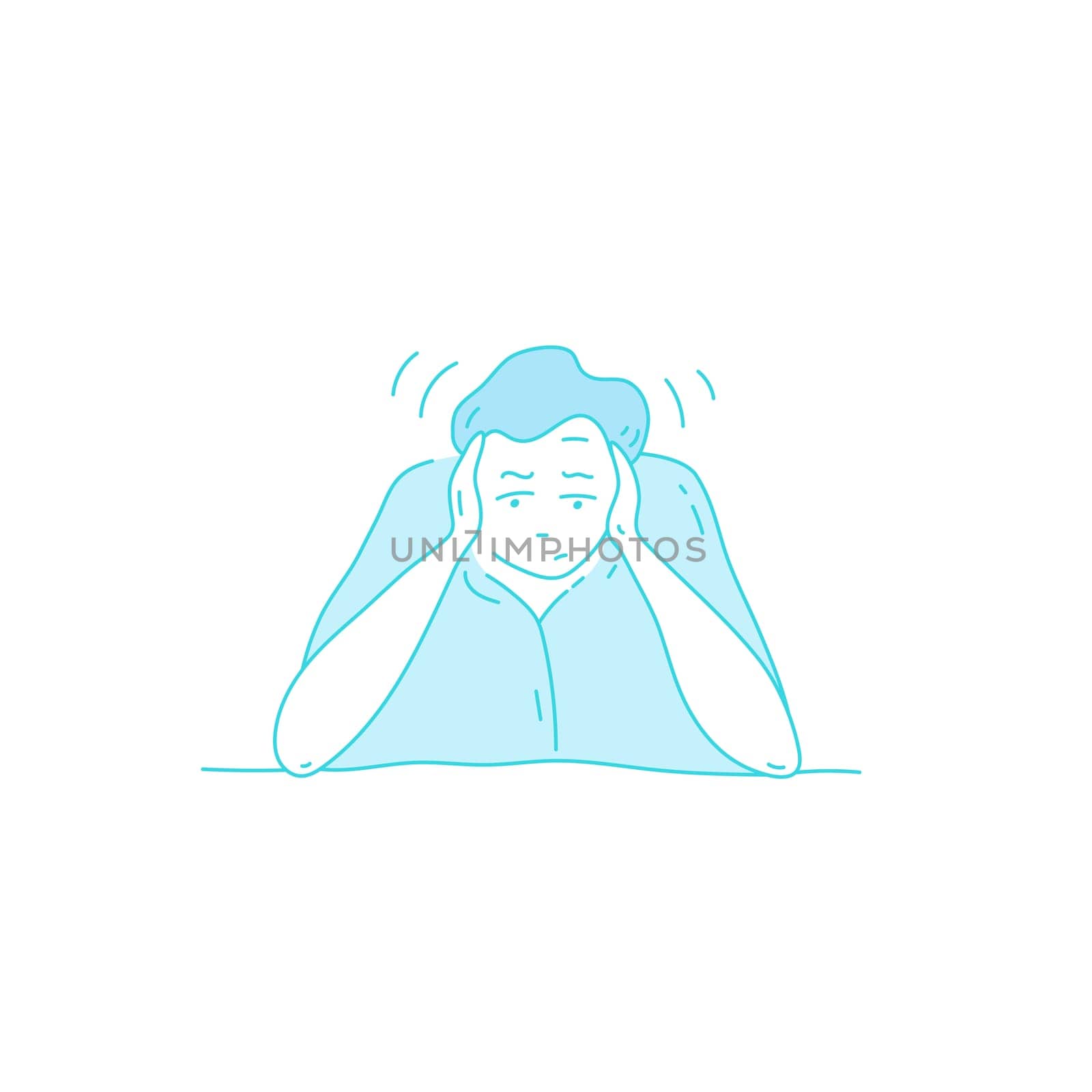 Sick stressed dizzy person touches her forehead and is dizzy. Vector hand drawn illustration. Man suffering from vertigo, dizziness, headache pain portrait