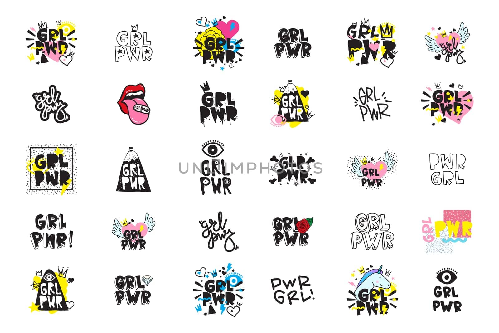 Typography slogan with Girl Power text. GRL PWR short quote set, simple cute illustration for Print Bag Sticker Clothing Laptop Phone Wall everywhere. Modern feminist slogan, tattoo trend