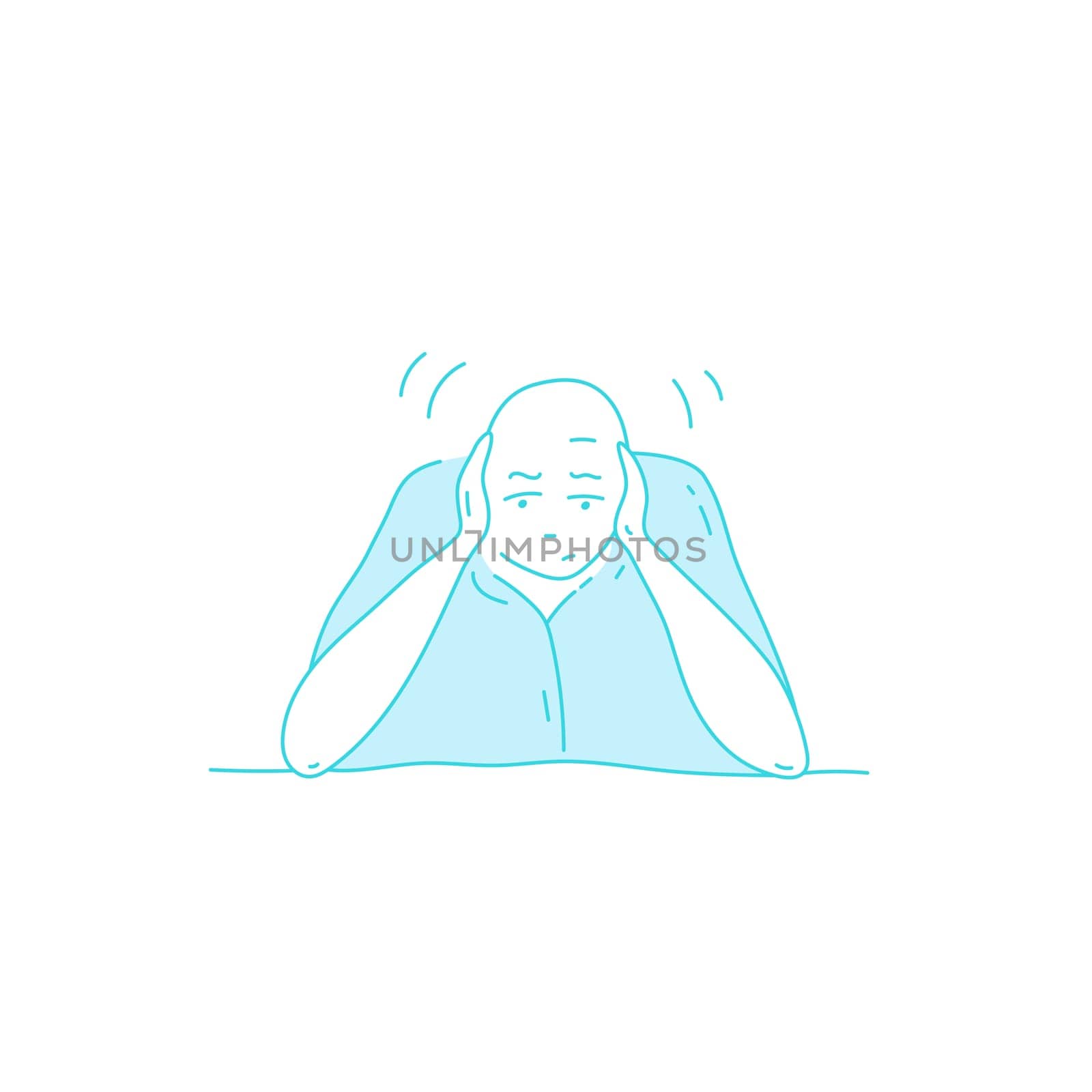 Sick stressed dizzy person touches her forehead and is dizzy. Vector hand drawn illustration. Man suffering from vertigo, dizziness, headache pain portrait