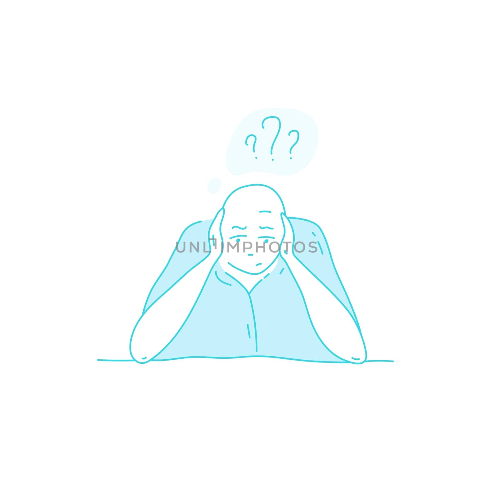 Sick stressed dizzy person touches her forehead and is dizzy. Vector hand drawn illustration. Man suffering from vertigo, dizziness, headache pain portrait