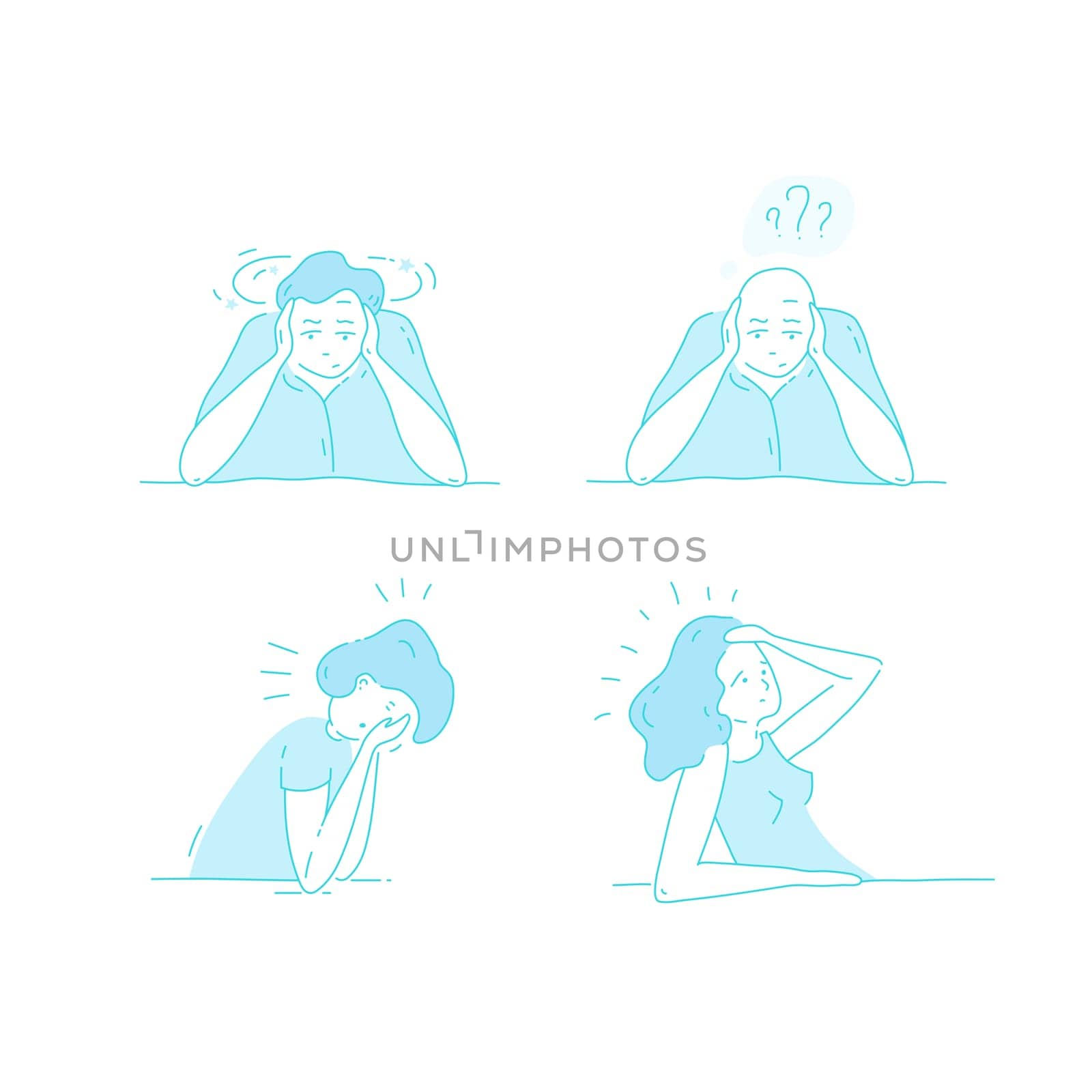 Sick stressed dizzy person touches her forehead and is dizzy. Vector hand drawn illustrations collection. Man suffering from vertigo, dizziness, headache pain portrait