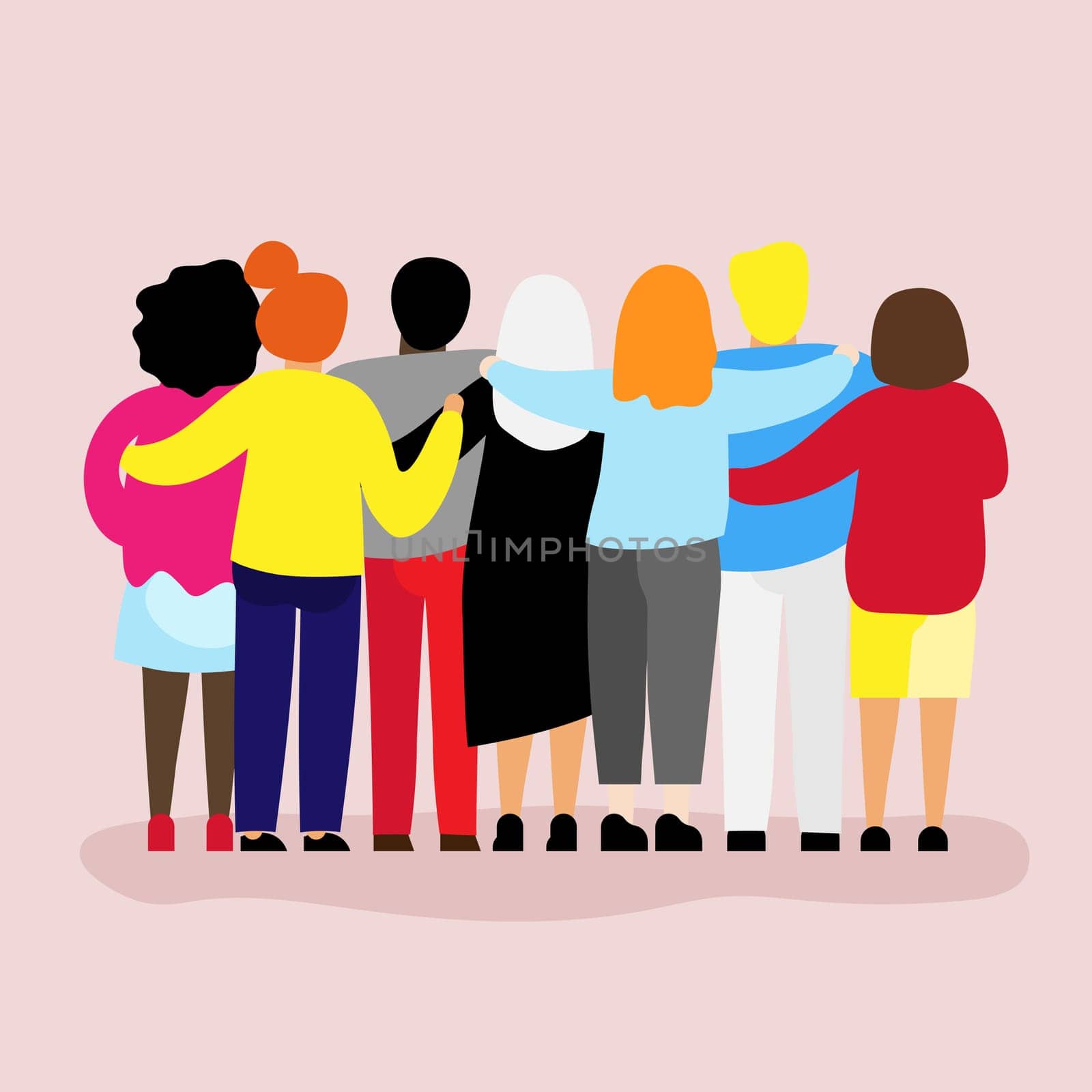 Friends forever. Friendly group of people stand and hugging together with their backs. Bright colored illustration for event celebration Greeting card Startup business Web banner