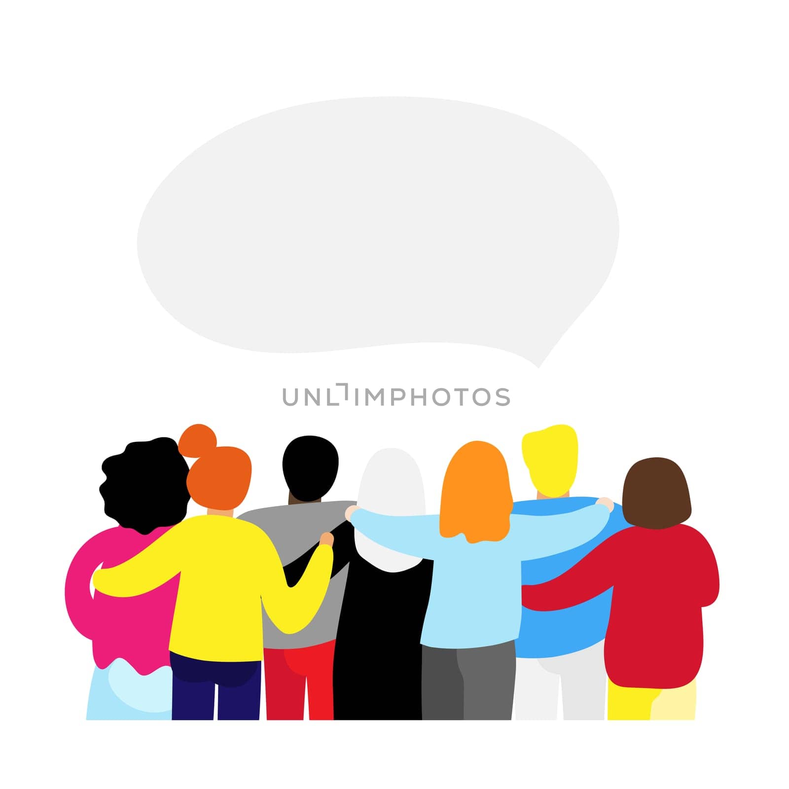 Friends forever. Friendly group of people stand and hugging together with their backs. Bright colored illustration for event celebration Greeting card Startup business Web banner. EPS10 vector