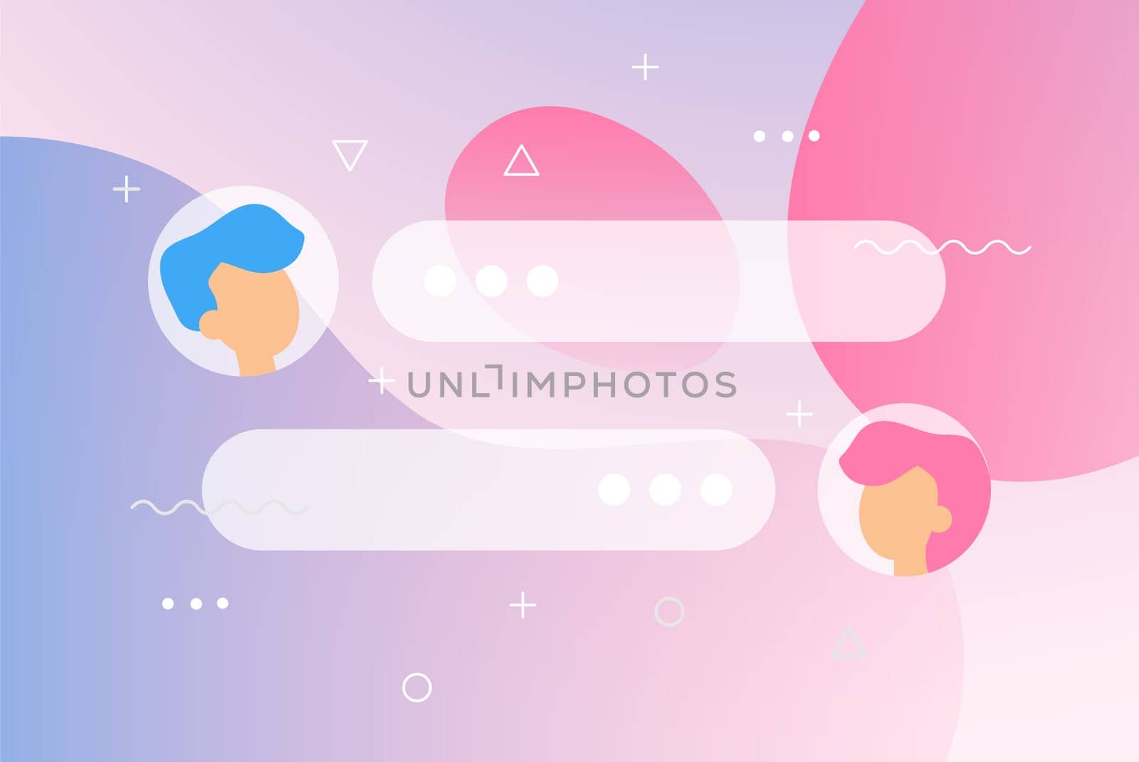 New Chat messages notification on gradient backdrop. Flat design illustration vector bubbles, geometric elements on screen, person chatting, online support, Internet virtual assistant concept