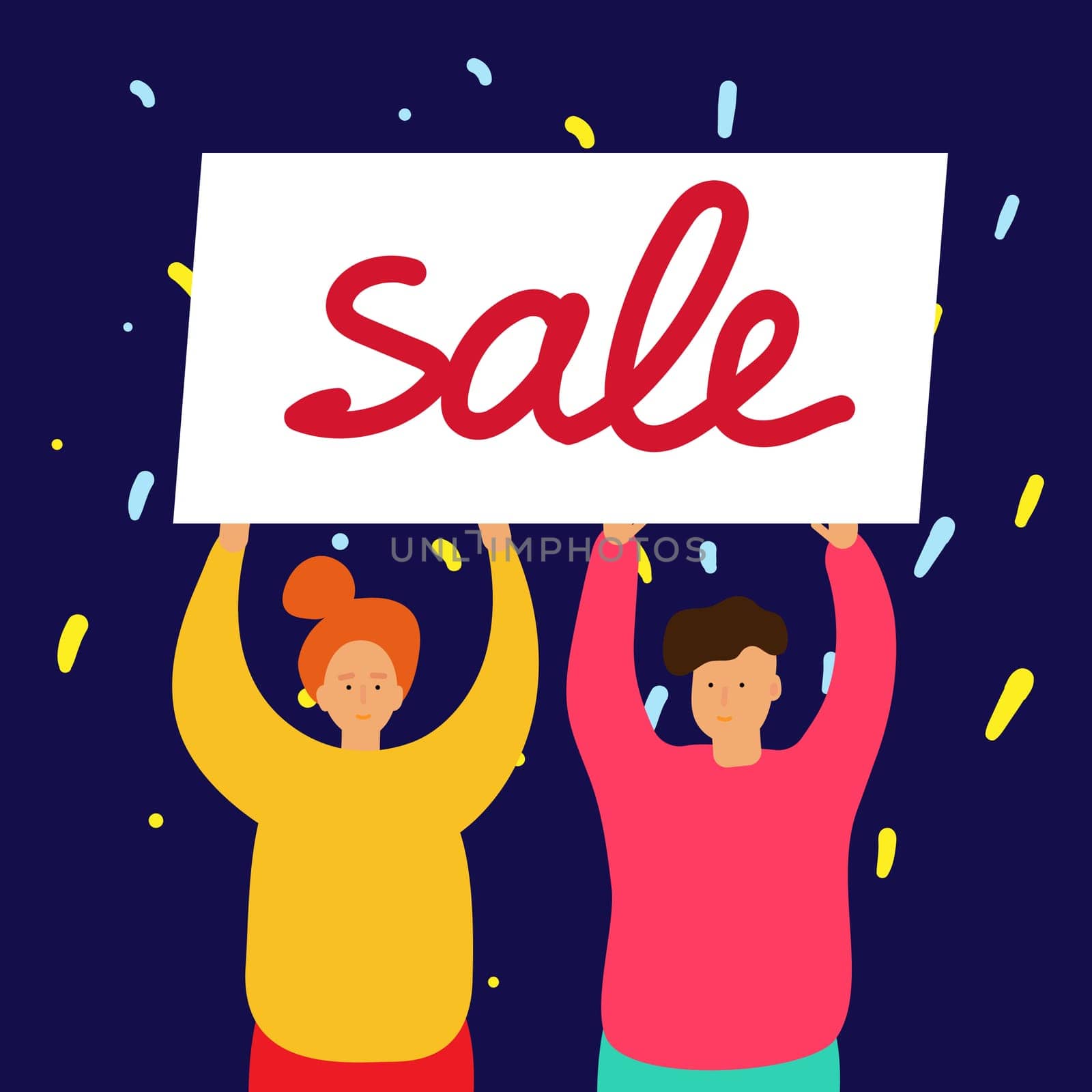 Smiling girl and boy stand and hold Sale banner, Hands up, place for your text. Vector illustration in bright Pink, Yellow colors. Web banner Template Ad Poster Greeting card. Easy editable objects