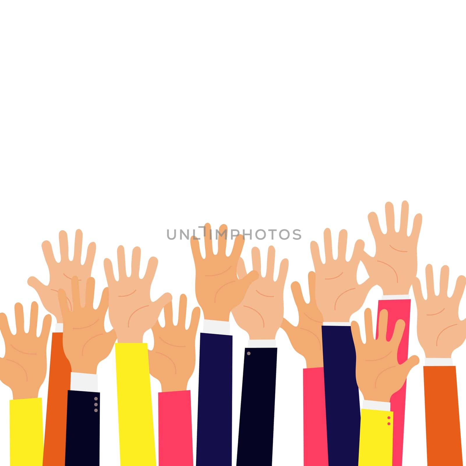 Isolated up hands holding together. Teamwork, collaboration, voting, concert. Colorful vector flat illustration concept