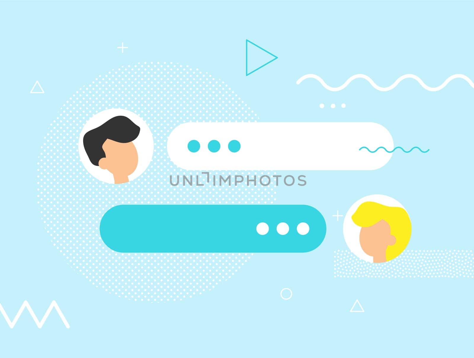 New Chat messages notification on blue backdrop. Flat design illustration vector bubbles, geometric elements on screen, person chatting, online support, Internet virtual assistant concept