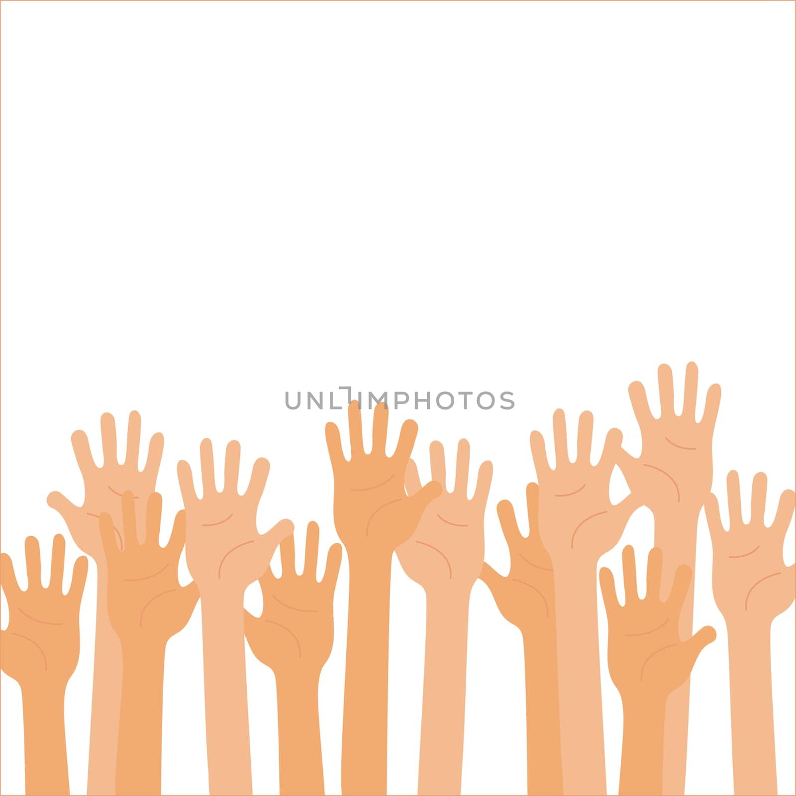 Isolated up hands holding together. Teamwork, collaboration, voting, concert. Colorful vector flat illustration concept