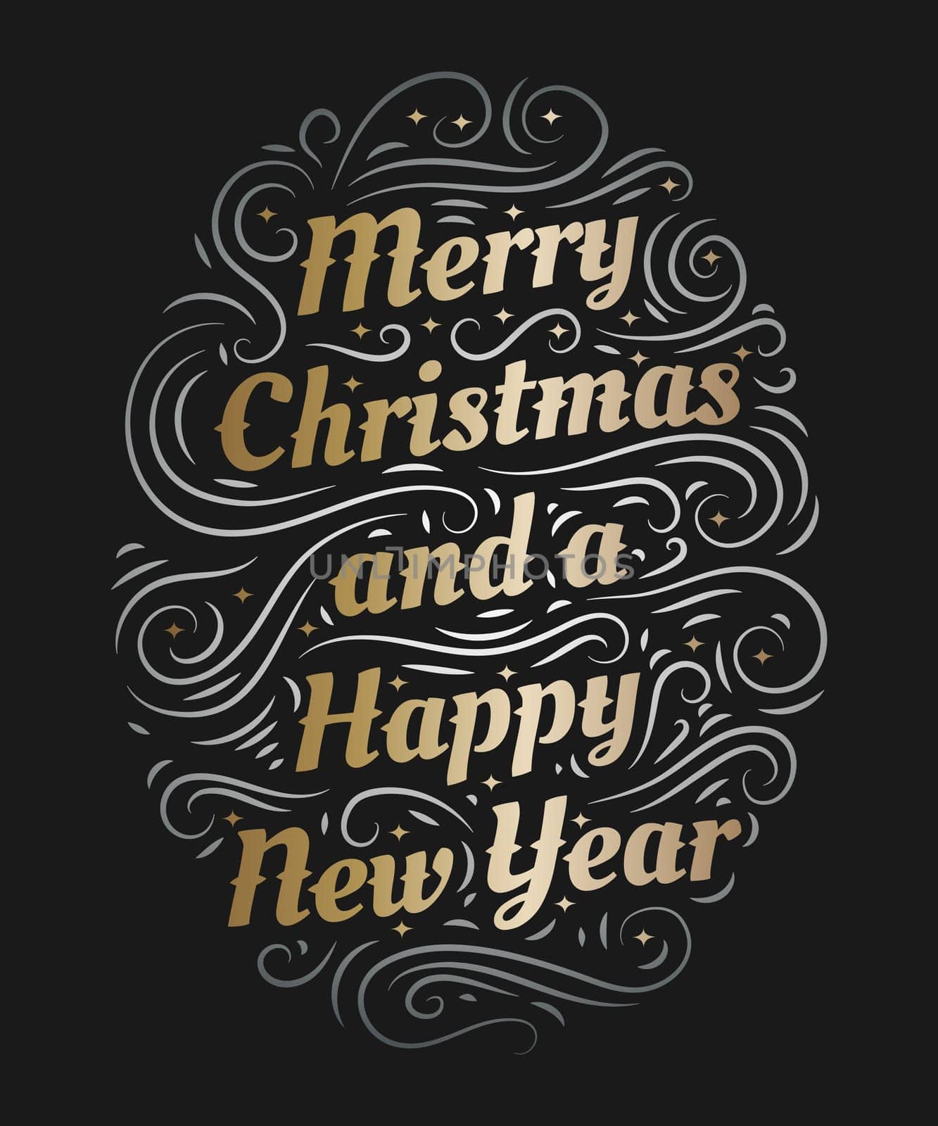 Merry Christmas and a Happy New Year hand drawn lettering inscription with abstract curls, dots for winter holiday design, calligraphy vector illustration