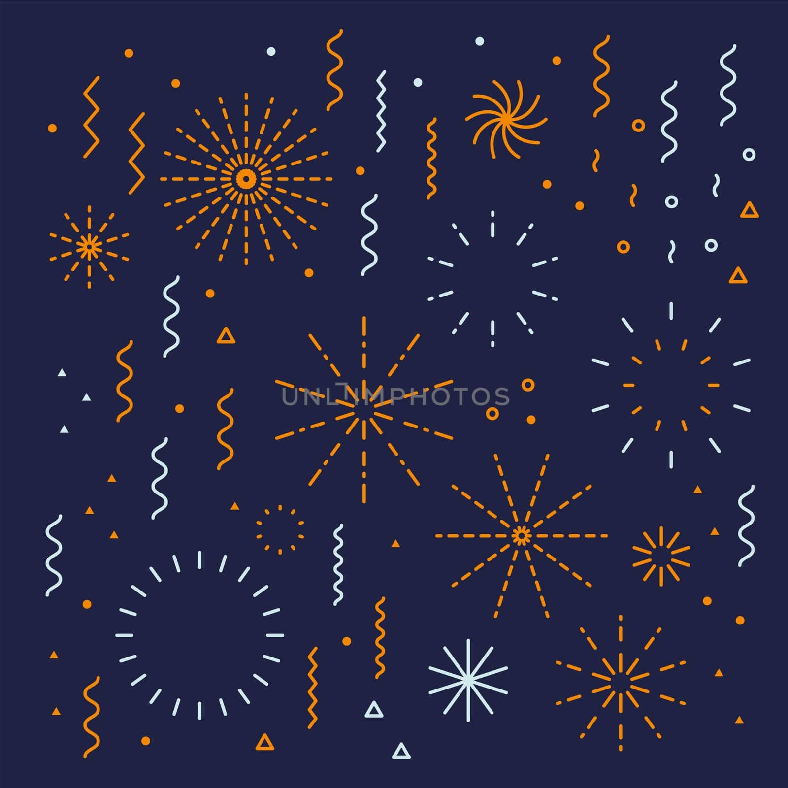 Fireworks lineal easy editable set with petard, stars. Festival vector holiday design shapes colorful collection
