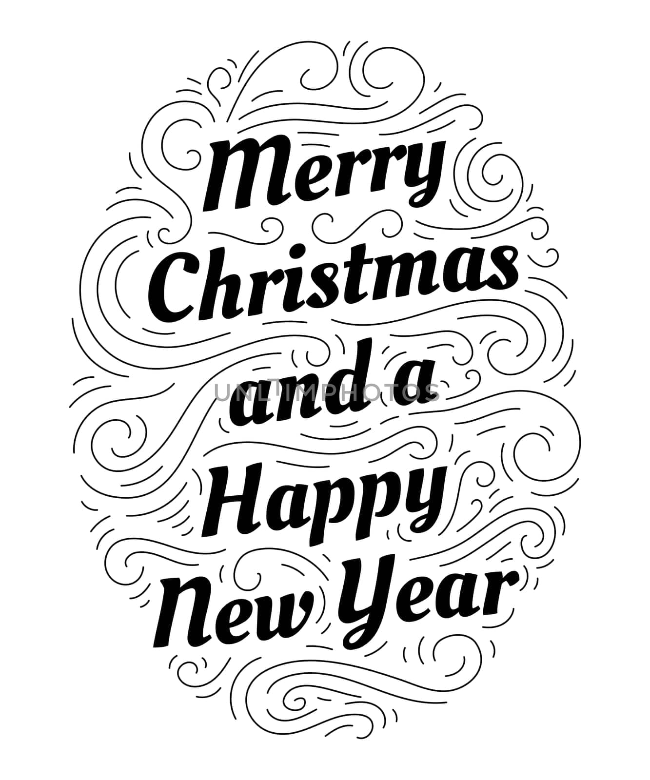 Merry Christmas and a Happy New Year hand drawn lettering inscription with abstract curls, dots for winter holiday design, calligraphy vector illustration