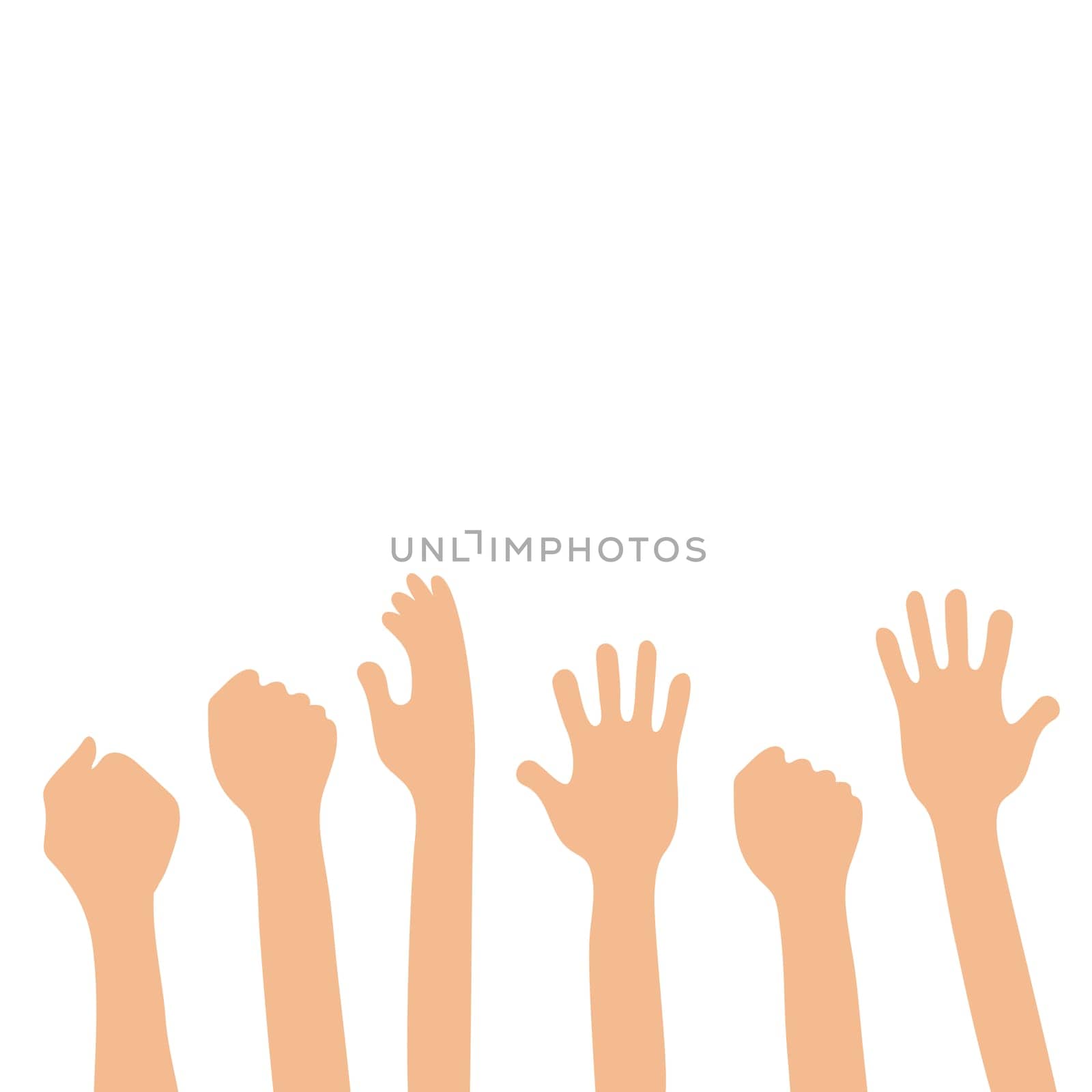 Isolated up hands holding together. Teamwork, collaboration, voting, concert. Colorful vector flat illustration concept