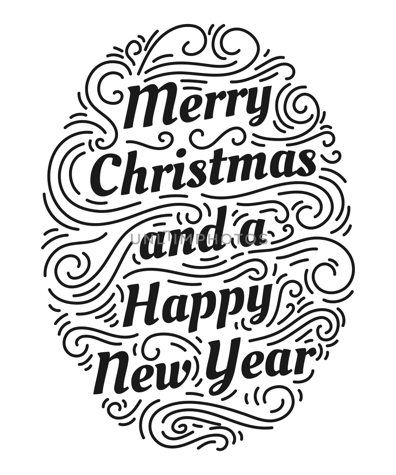 Merry Christmas and a Happy New Year hand drawn lettering inscription with abstract curls, dots for winter holiday design, calligraphy vector illustration