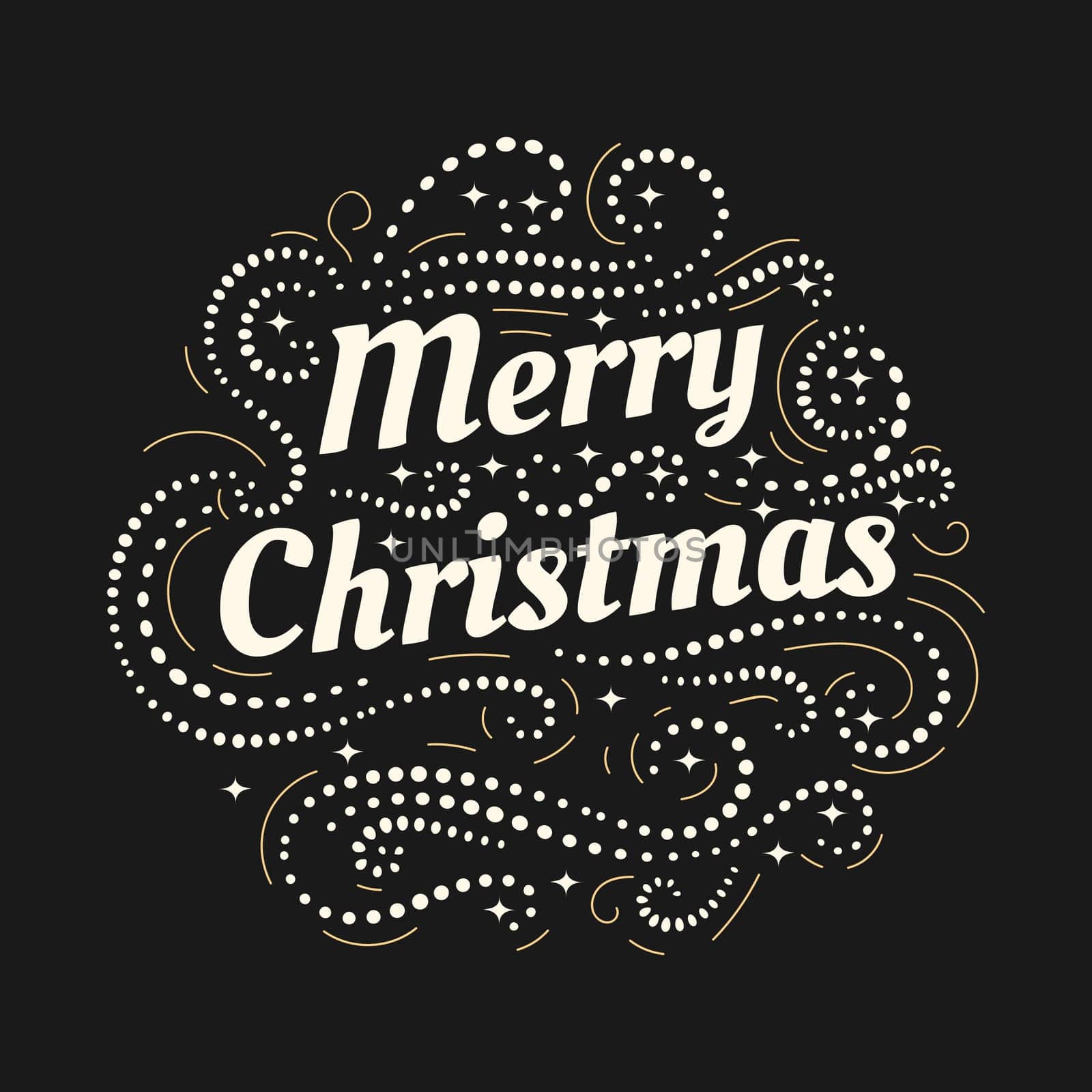 Merry Christmas and a Happy New Year hand drawn lettering inscription with abstract curls, dots for winter holiday design, calligraphy vector illustration