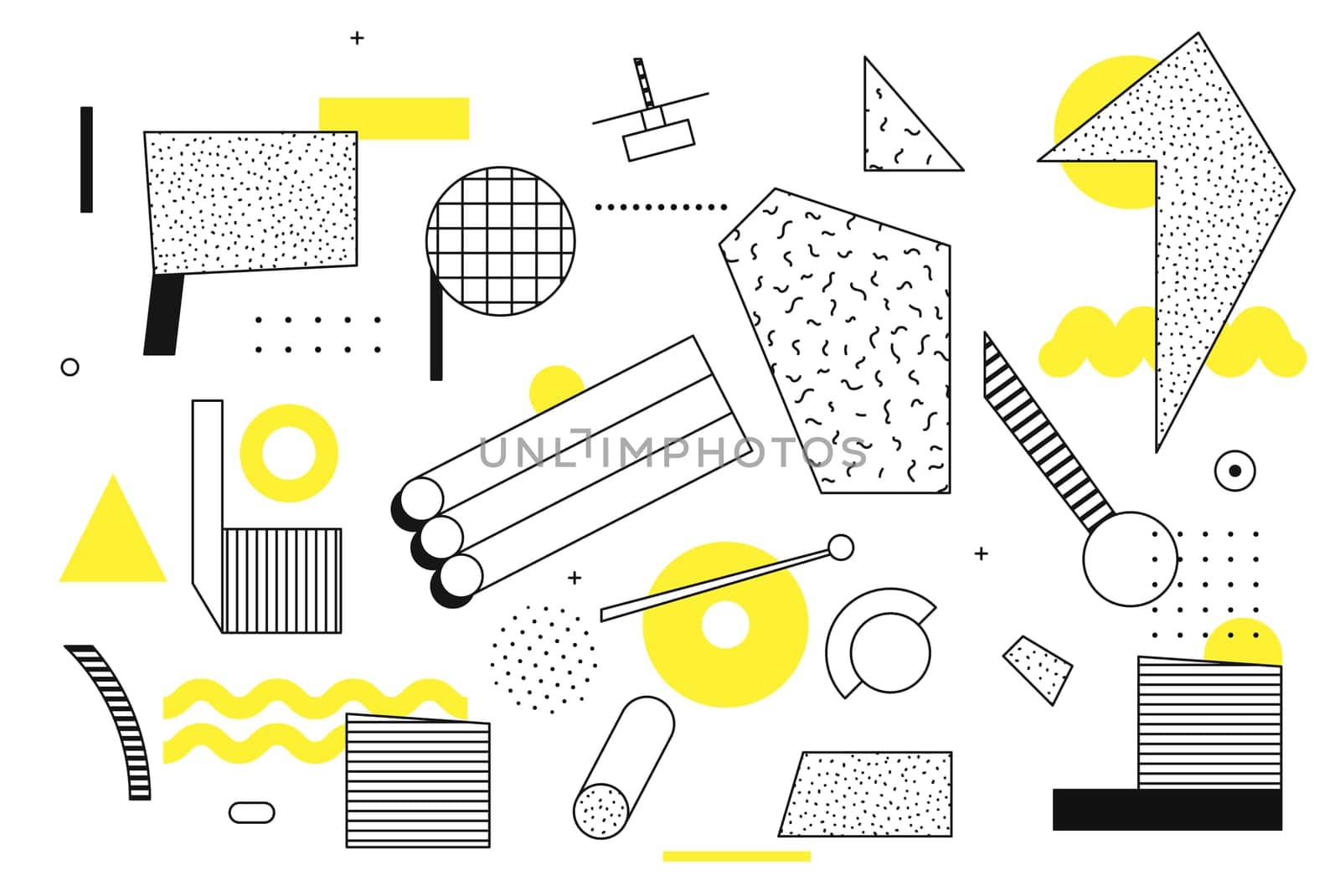 Universal trend halftone geometric shapes set juxtaposed with bright bold yellow elements composition. Design elements for Magazine, leaflet, billboard, sale