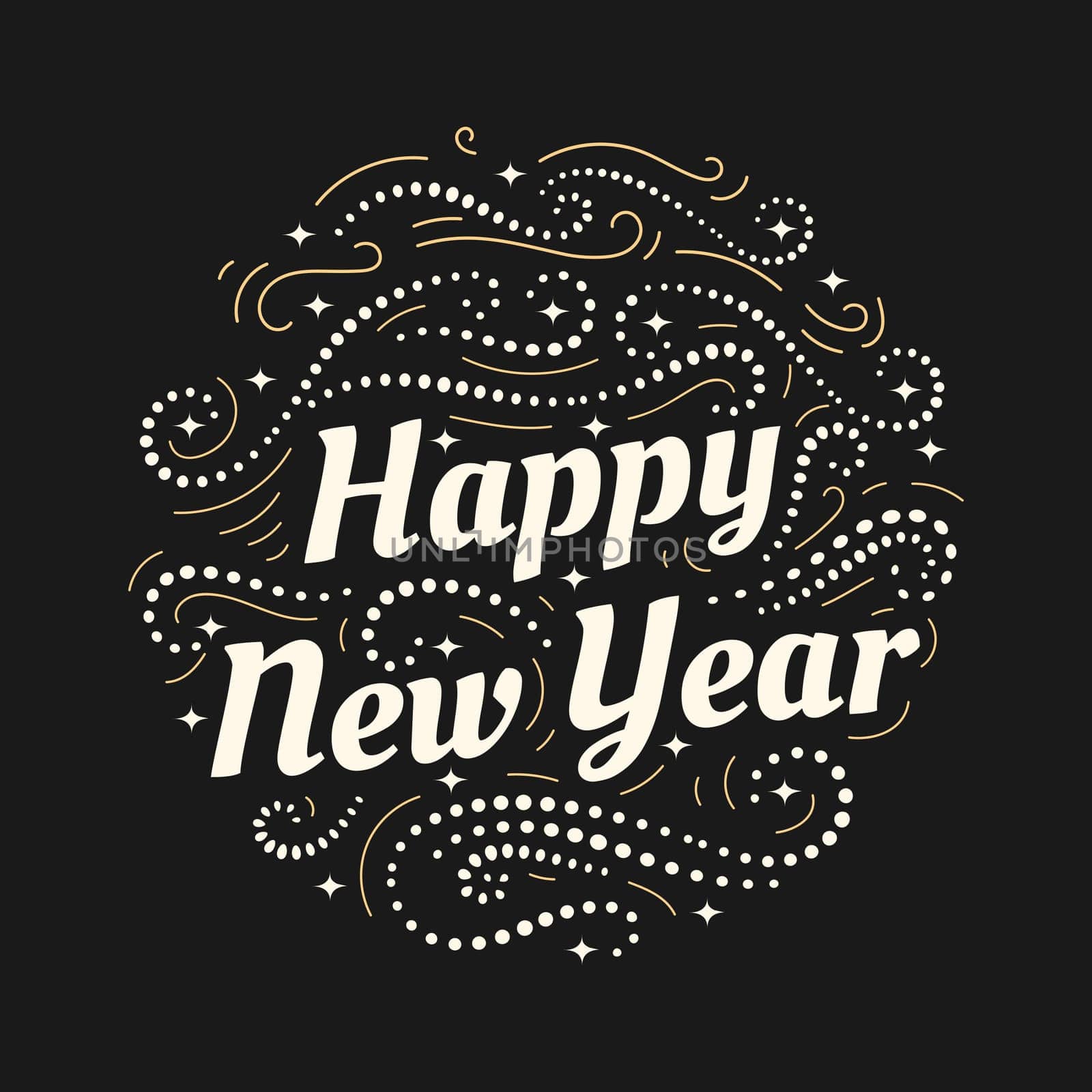 Merry Christmas and a Happy New Year hand drawn lettering inscription with abstract curls, dots for winter holiday design, calligraphy vector illustration