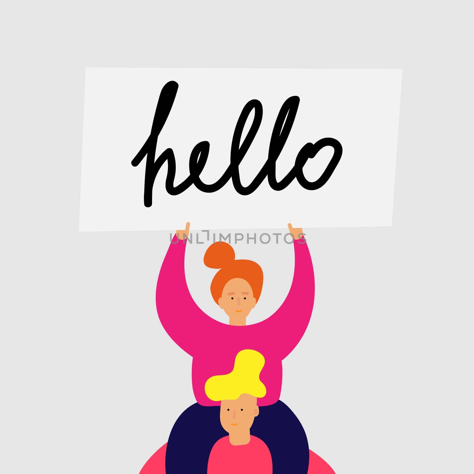 Smiling girl sits on shoulders of guy and holds banner Hello, place for your text. Vector Web banner Ad Poster Greeting card with easy editable shapes objects