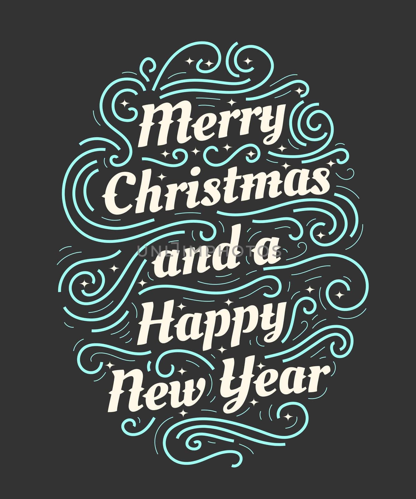 Merry Christmas and a Happy New Year hand drawn lettering inscription with abstract curls, dots for winter holiday design, calligraphy vector illustration