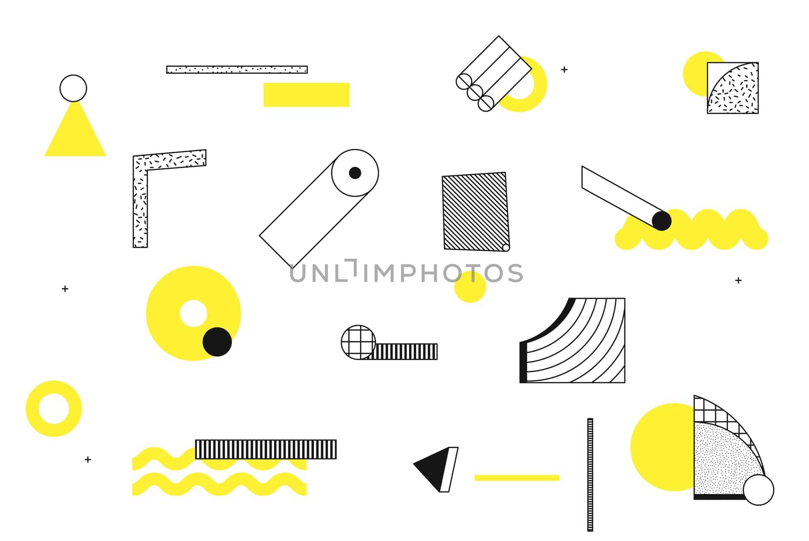 Universal trend halftone geometric shapes set juxtaposed with bright bold yellow elements composition. Design elements for Magazine, leaflet, billboard, sale