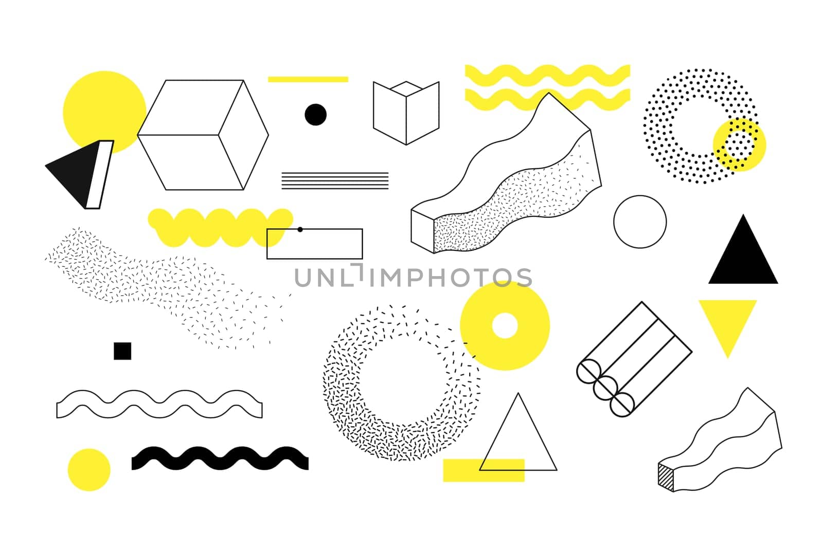 Universal trend halftone geometric shapes set juxtaposed with bright bold yellow elements composition. Design elements for Magazine, leaflet, billboard, sale