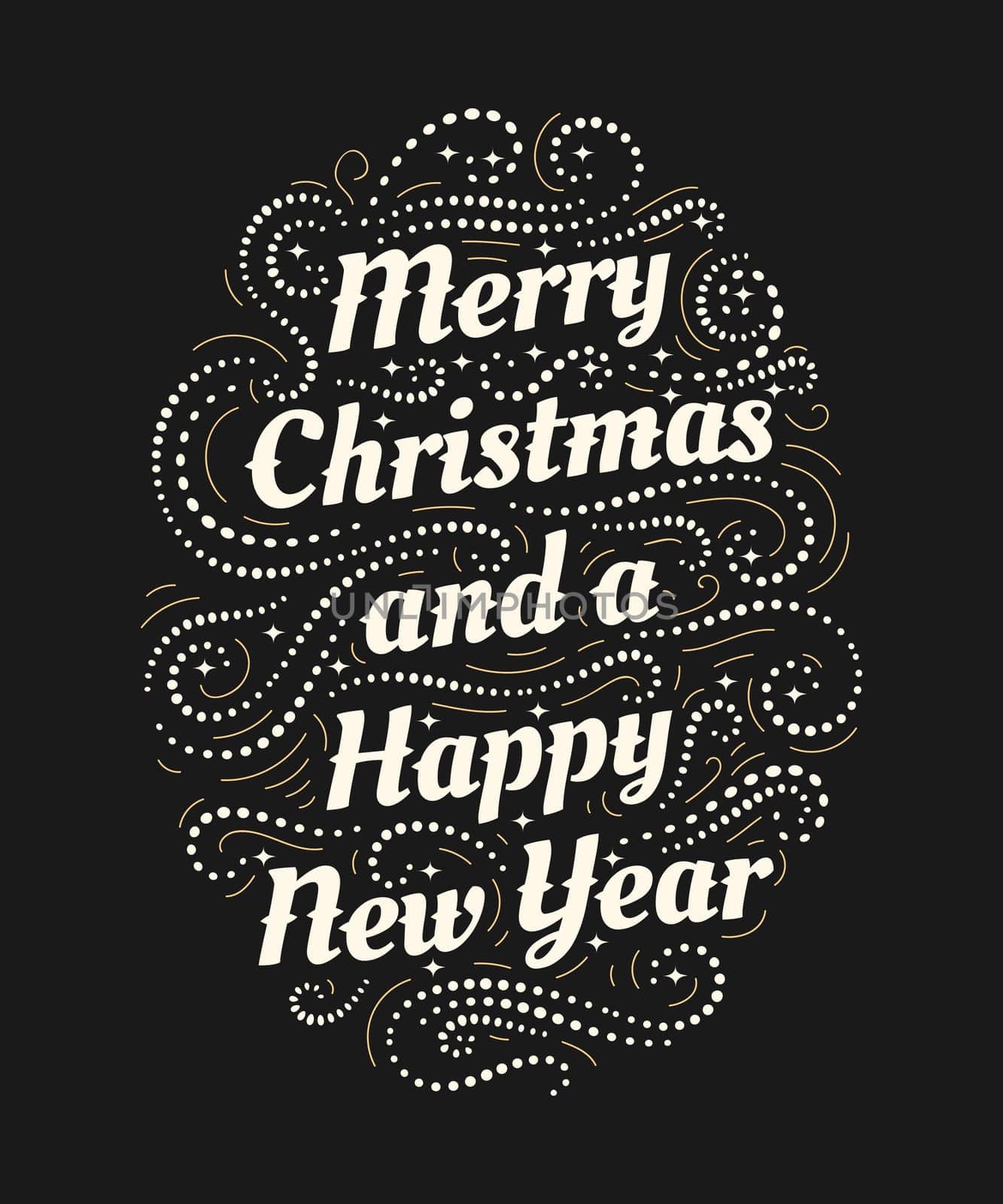 Merry Christmas and a Happy New Year hand drawn lettering inscription with abstract curls, dots for winter holiday design, calligraphy vector illustration