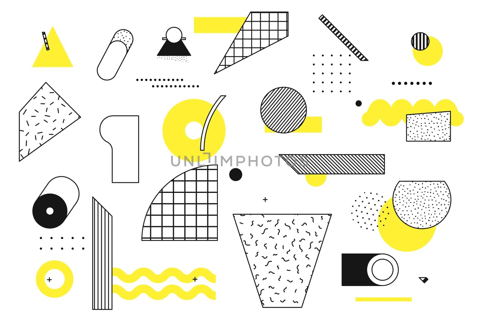 Universal trend halftone geometric shapes set juxtaposed with bright bold yellow elements composition. Design elements for Magazine, leaflet, billboard, sale